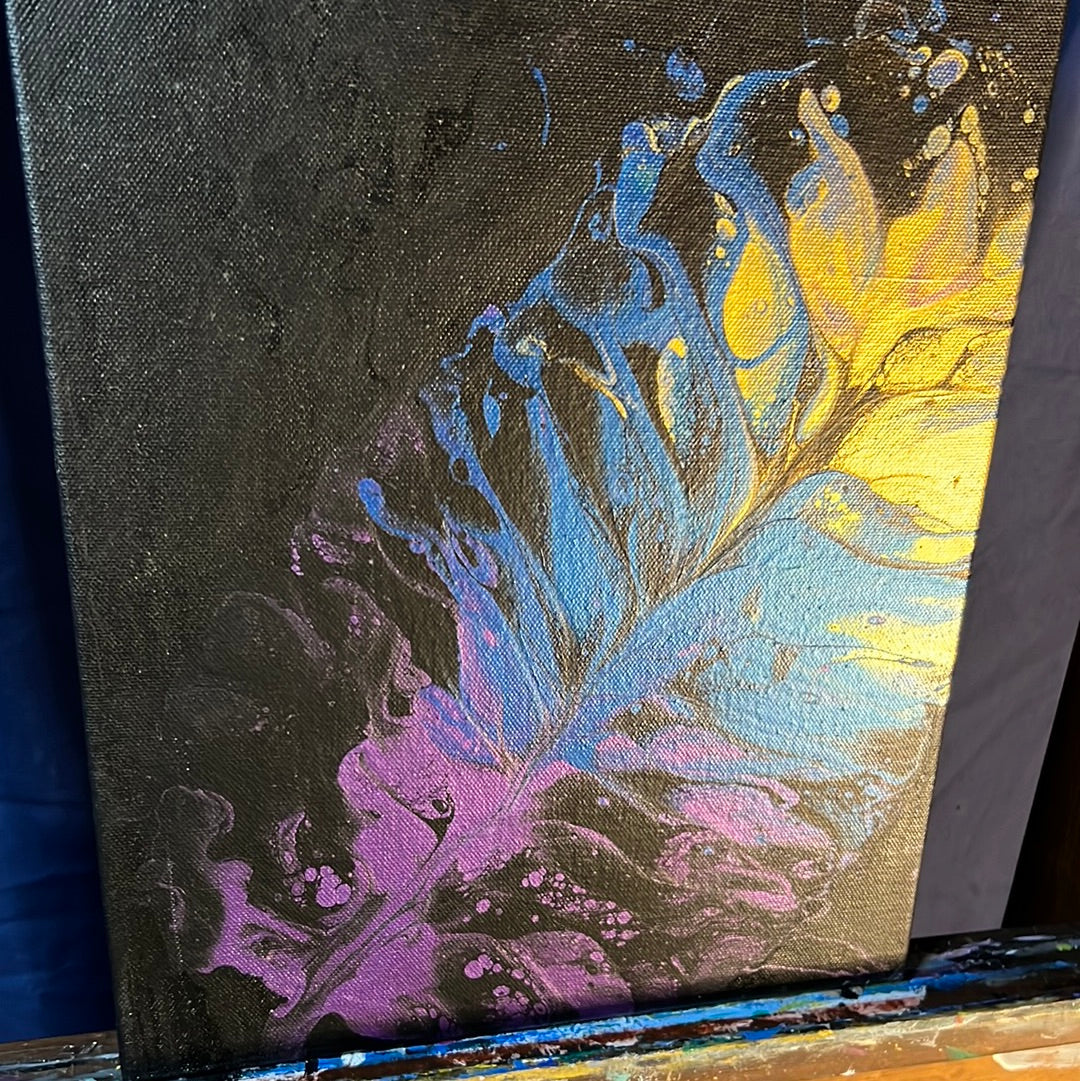 Feather Pour Art on Metallic Black Canvas - Robotic Peacock