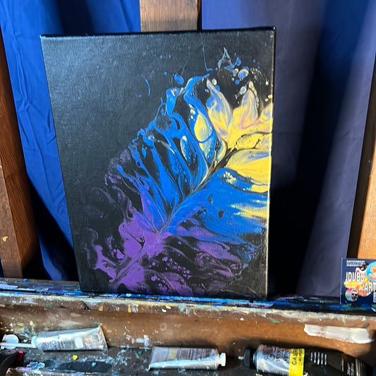 Feather Pour Art on Metallic Black Canvas - Robotic Peacock