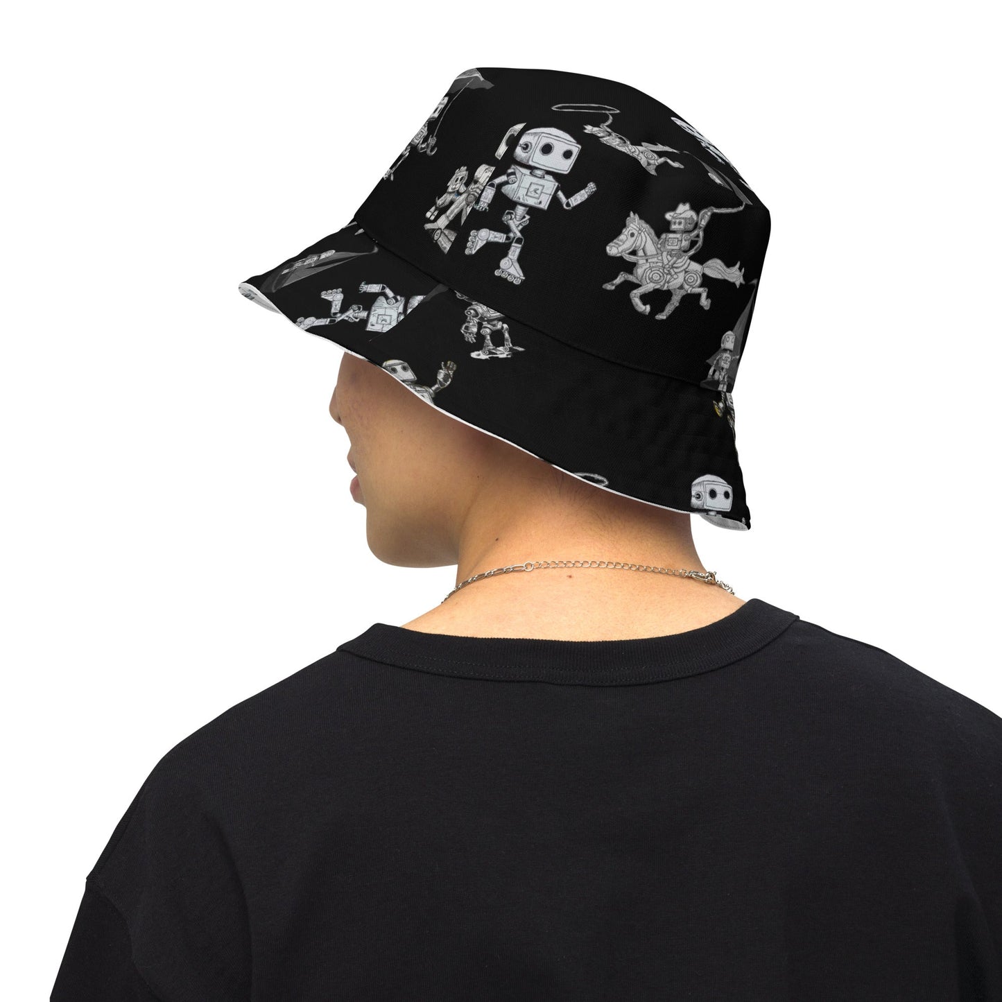 Reversible bucket hat with moisture-wicking fabric, featuring a robot pattern.