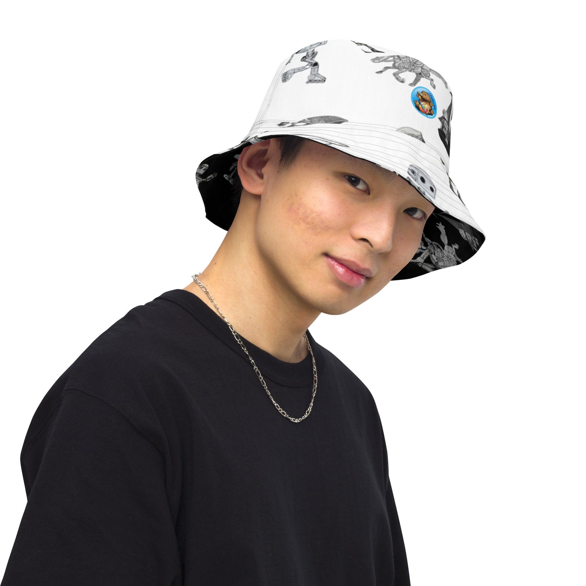 Reversible bucket hat with moisture-wicking fabric and unique design.