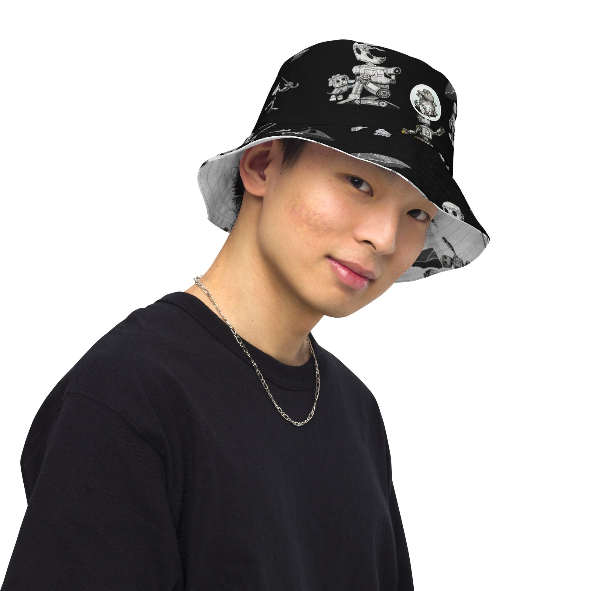 Reversible bucket hat with moisture-wicking fabric and unique design, worn by a person.