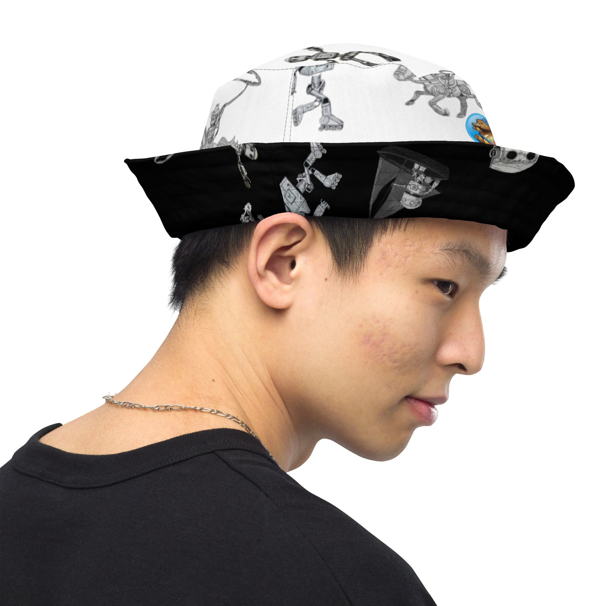 Reversible bucket hat made of moisture-wicking fabric worn by a person, showcasing unique streetwear style.