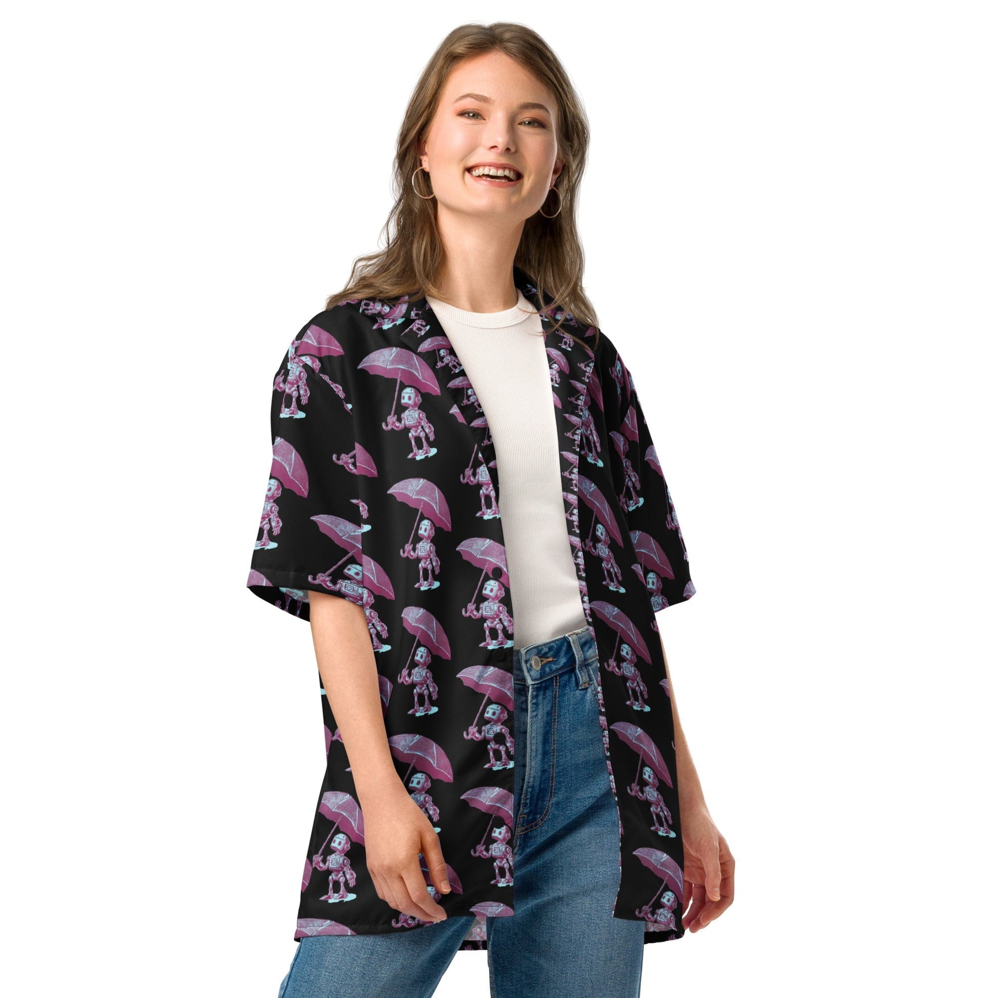 Eco-friendly oversized button shirt with futuristic print, ideal for summer comfort and style.