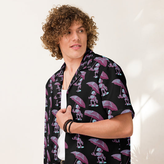 Man wearing Bolted to the Nines button shirt with robot design, showcasing a relaxed fit and breathable fabric for summer comfort.