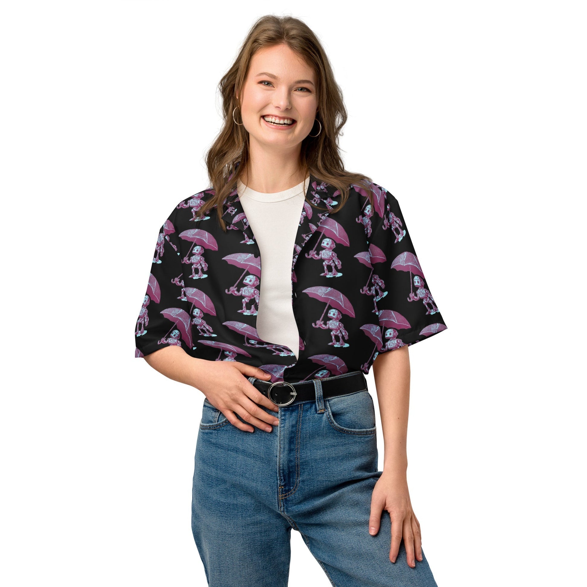 Woman wearing 'Bolted to the Nines' button shirt with futuristic robot pattern, showcasing oversized fit and short sleeves.