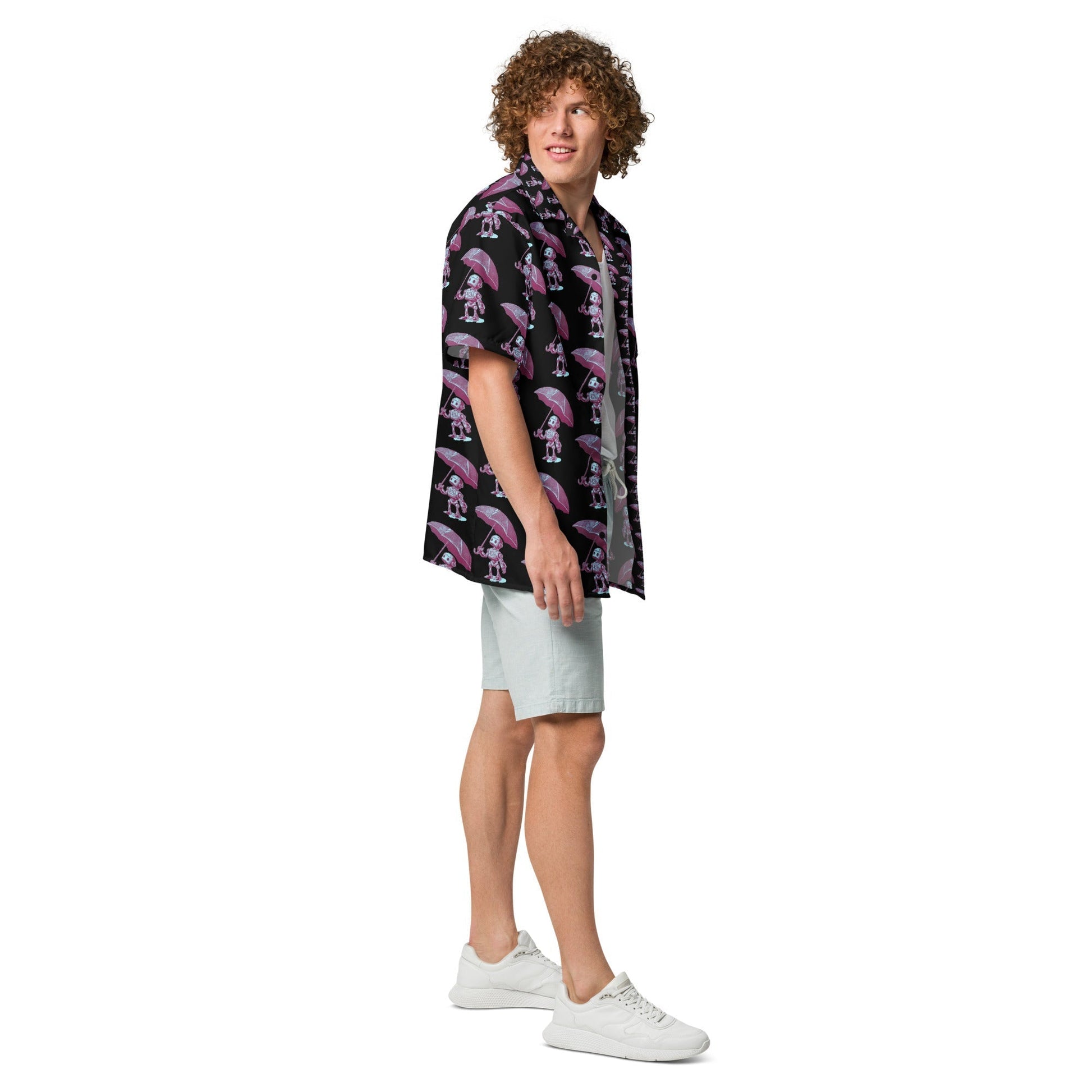 Eco-friendly oversized button shirt with futuristic design, perfect for summer comfort and sun protection.