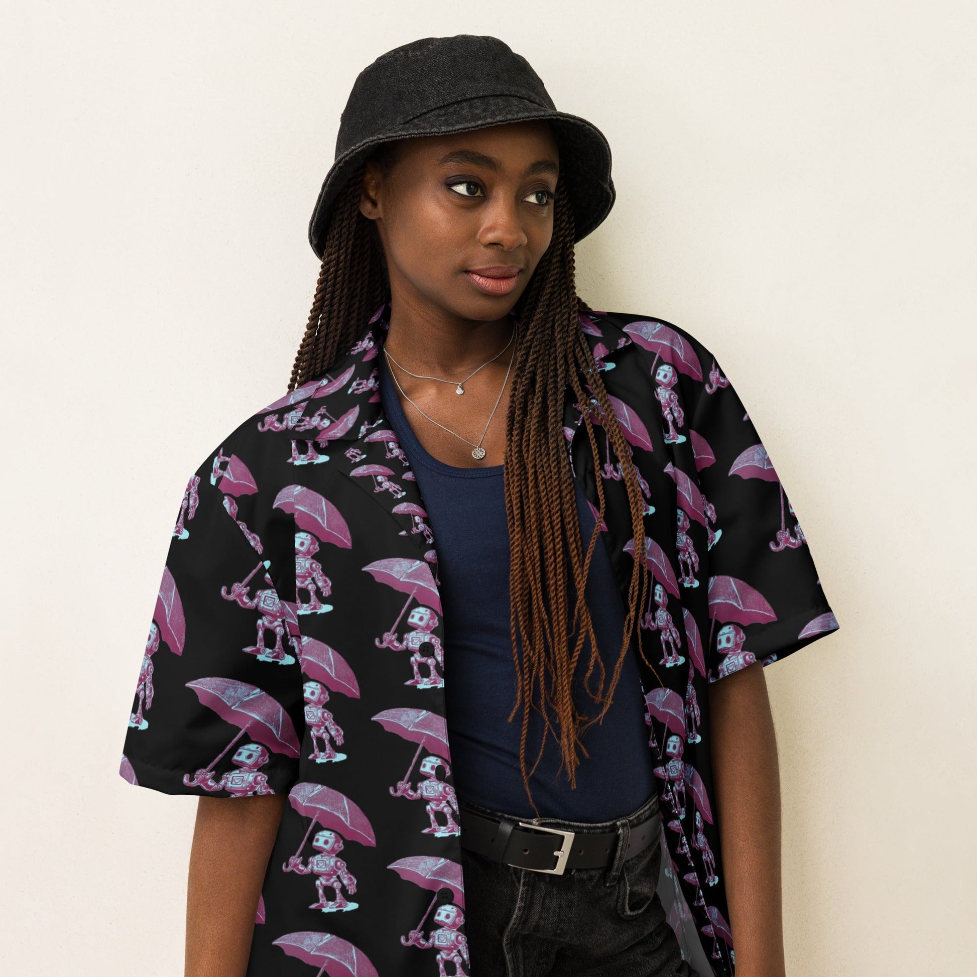 Oversized black button shirt with purple robot print, moisture-wicking, eco-friendly fabric for summer comfort.