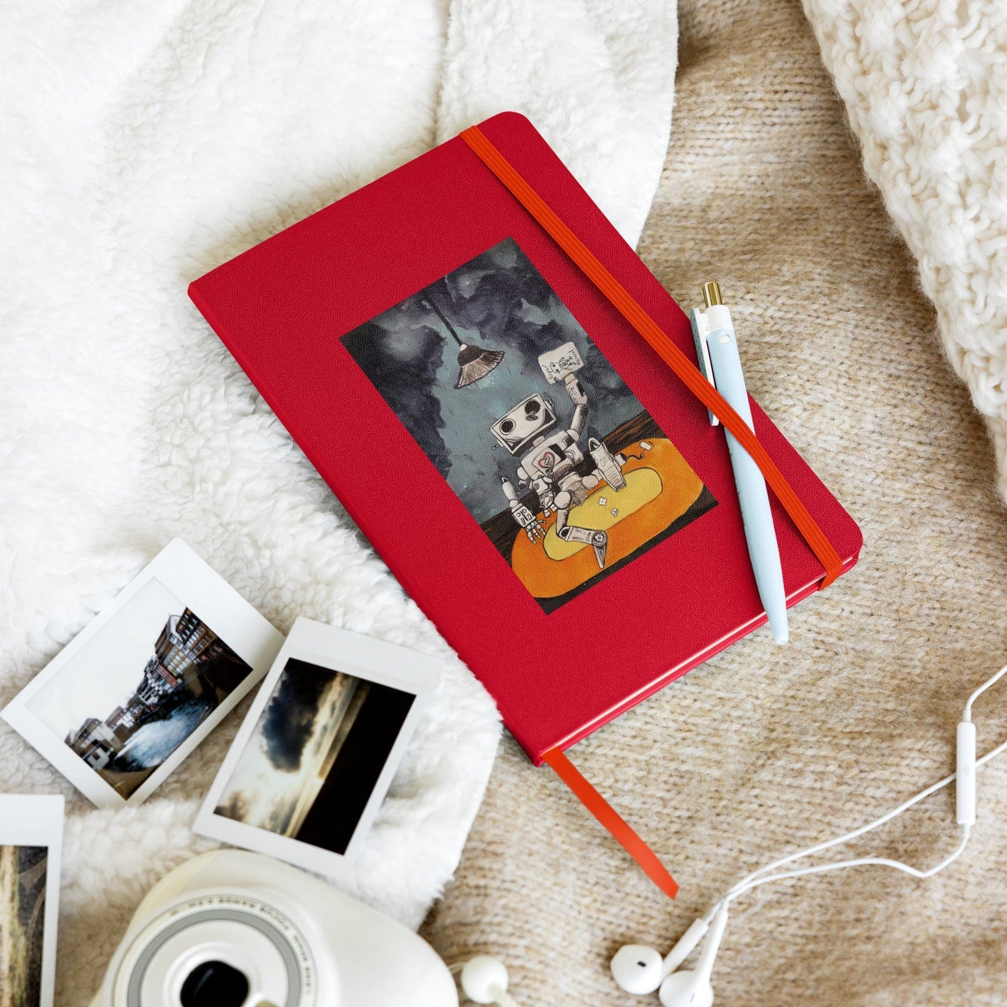Red hardcover notebook with elastic closure, ribbon marker, and expandable pocket on a textured surface.