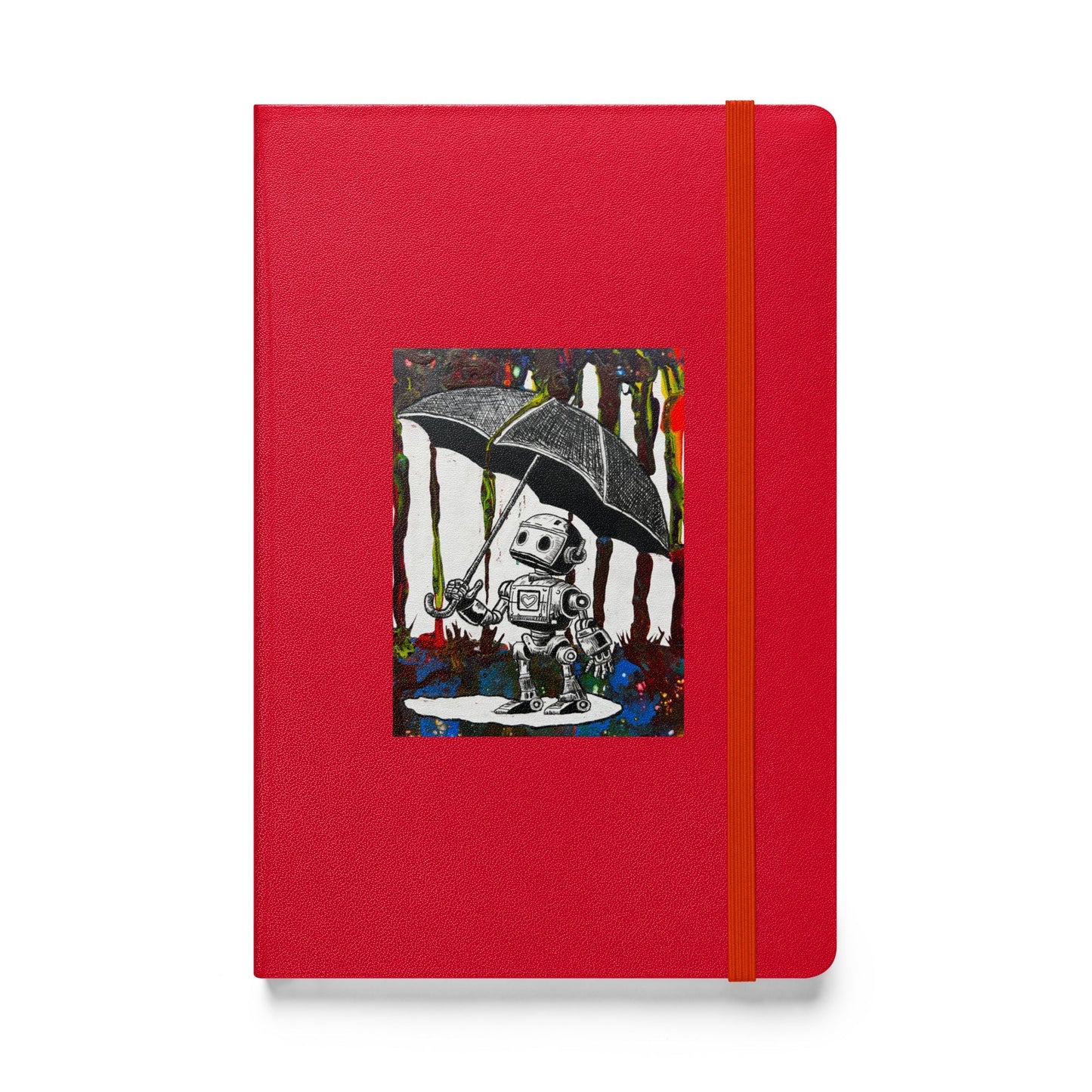 Red Bolt Umbrella Hardcover notebook with elastic closure and robot umbrella design.