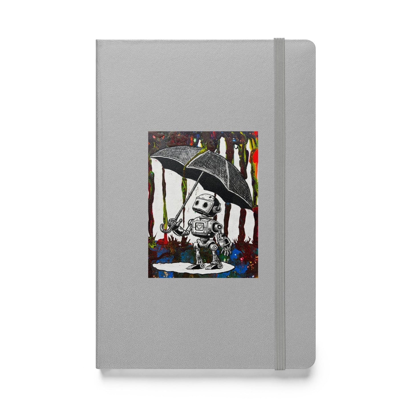 Bolt Umbrella Hardcover bound notebook with artistic umbrella design on gray cover, elastic closure, and ribbon marker.