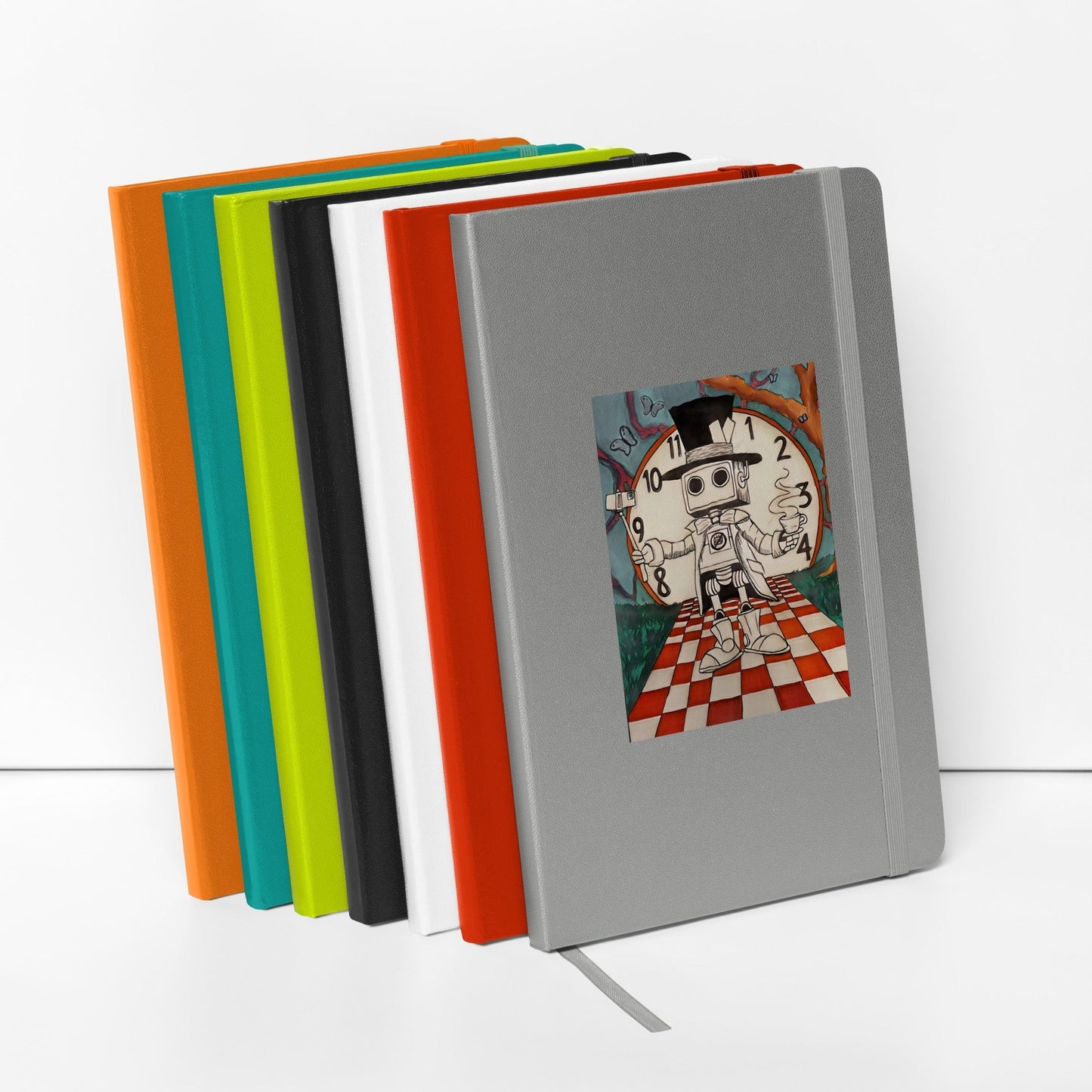 Colorful assortment of hardcover notebooks with elastic closures, featuring a unique design on the cover.