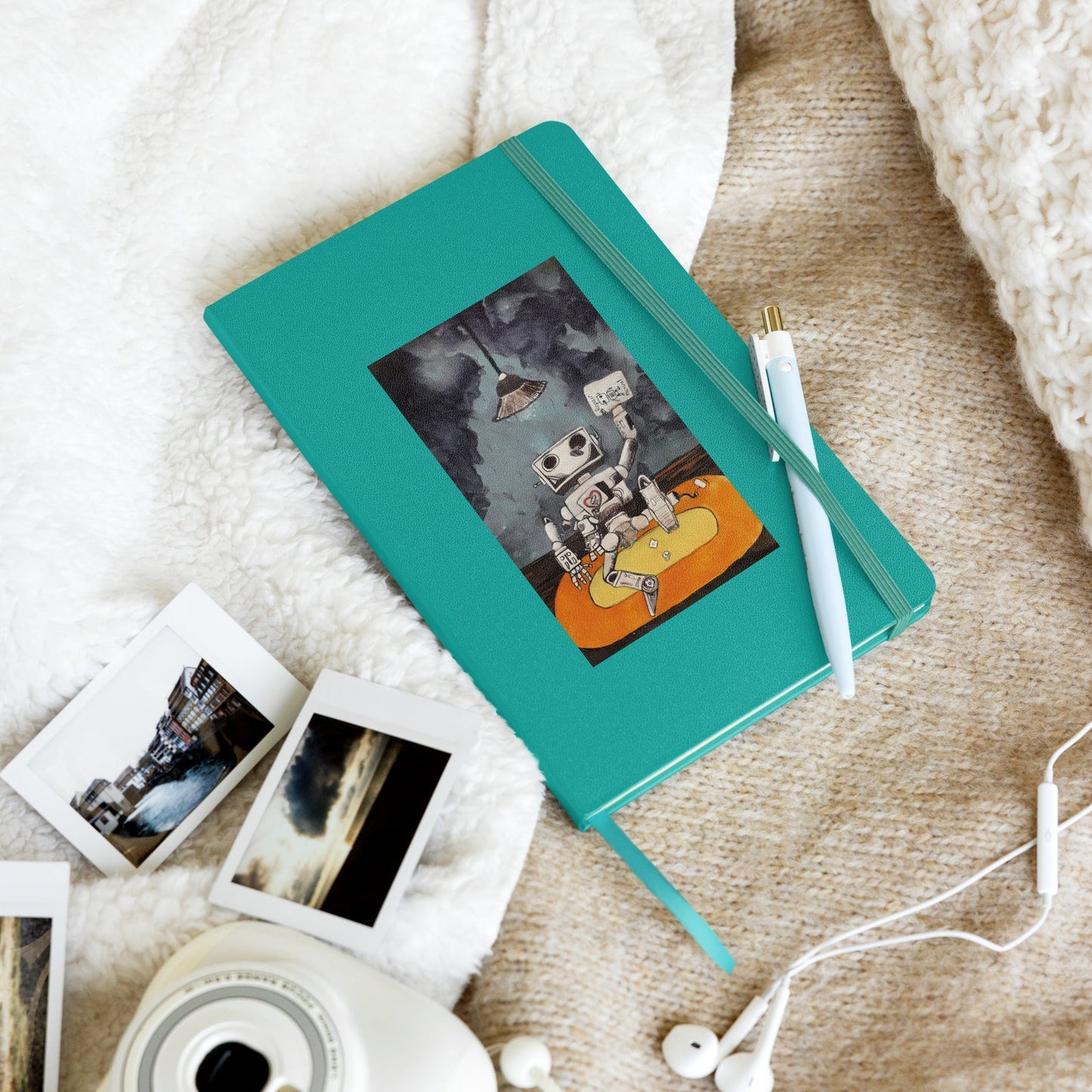 Hardcover notebook with elastic closure, ribbon marker, and expandable inner pocket on a cozy setup.