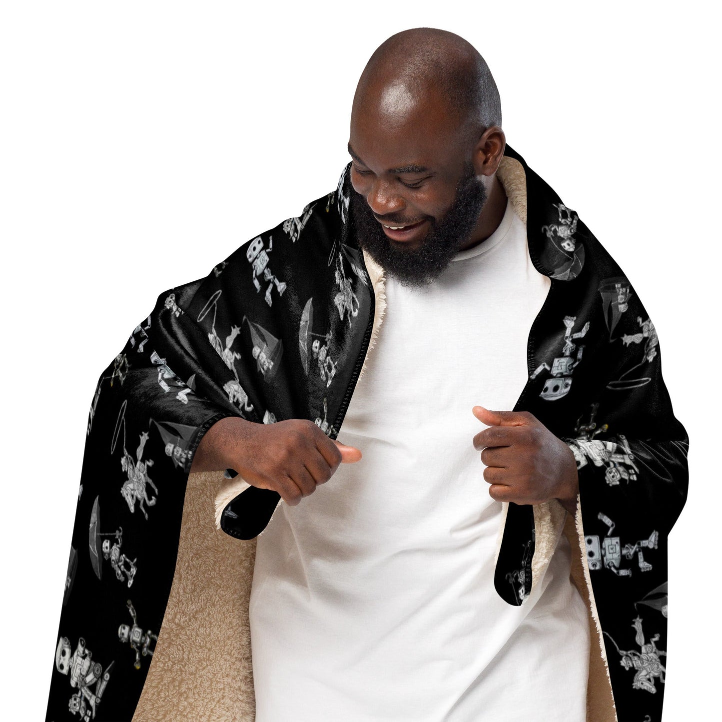 Cozy black and beige Sherpa blanket with plush softness.