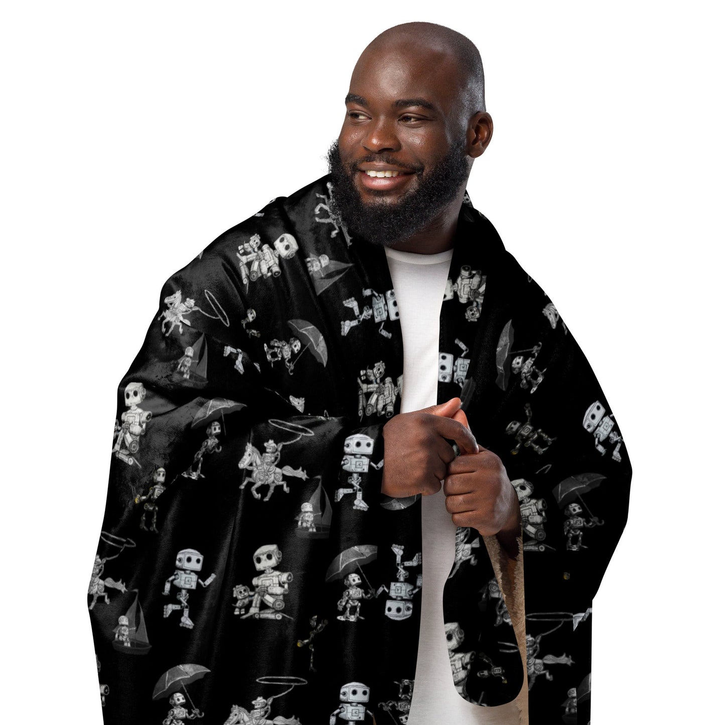 Sherpa blanket with plush feel and cozy softness wrapped around person.