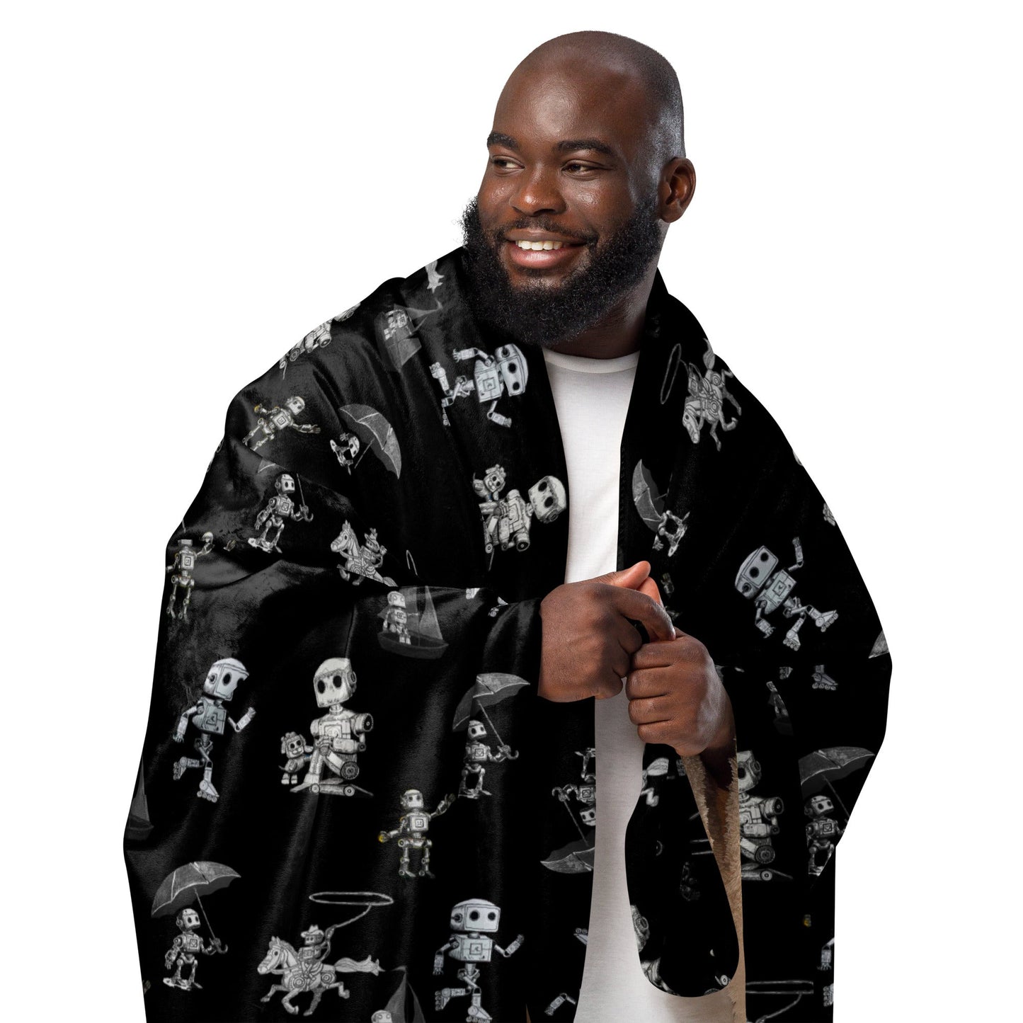 Plush Bolt Sherpa blanket with robot design, offering ultimate softness and coziness.