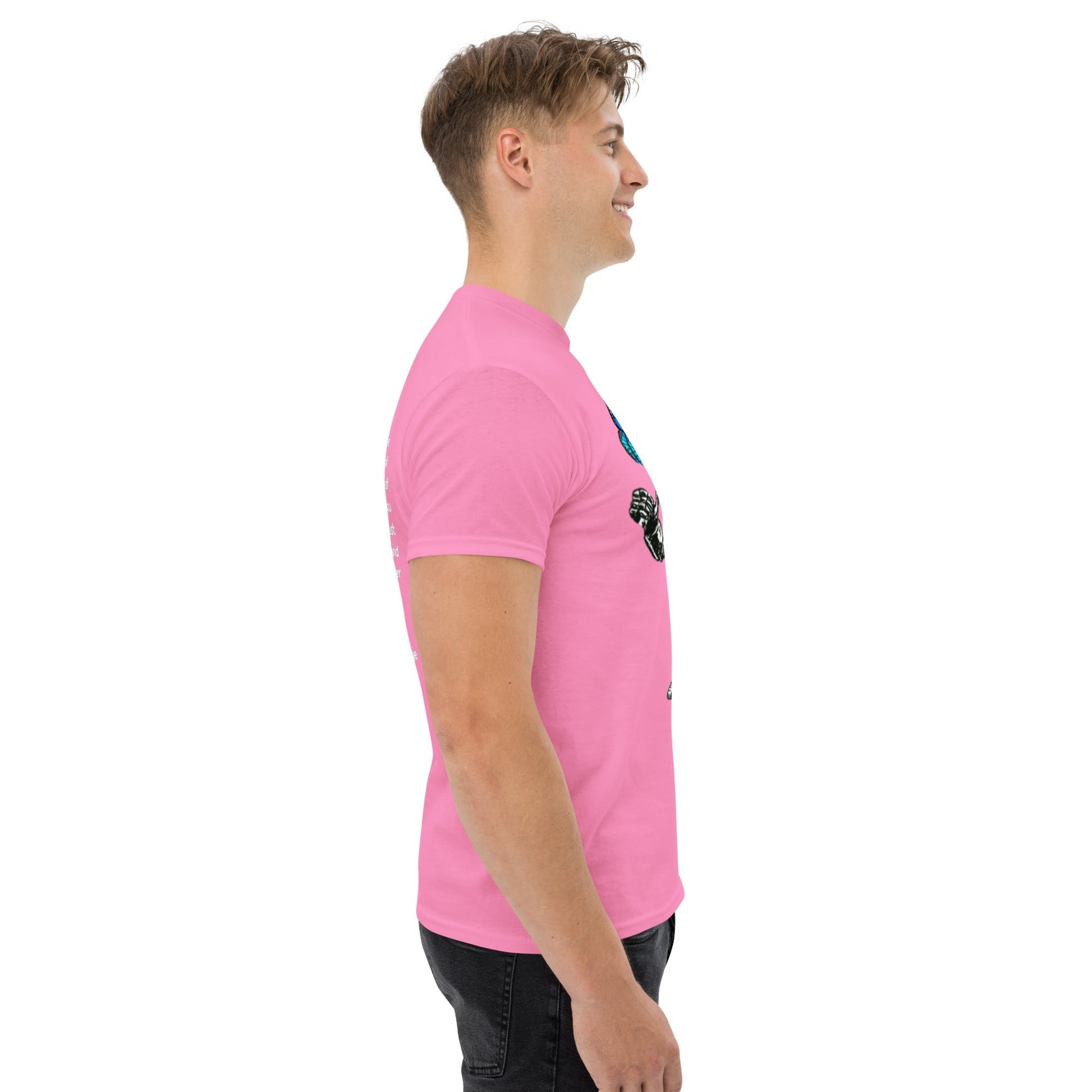 Unisex pink t-shirt featuring sci-fi themed Bolt and The Butterfly Blue design, made from premium cotton for comfort and durability.