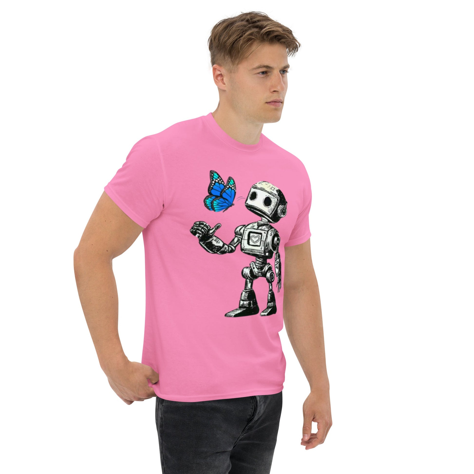 Futuristic fashion t-shirt featuring Bolt and The Butterfly Blue design in pink, worn by a model, ideal for sci-fi enthusiasts.