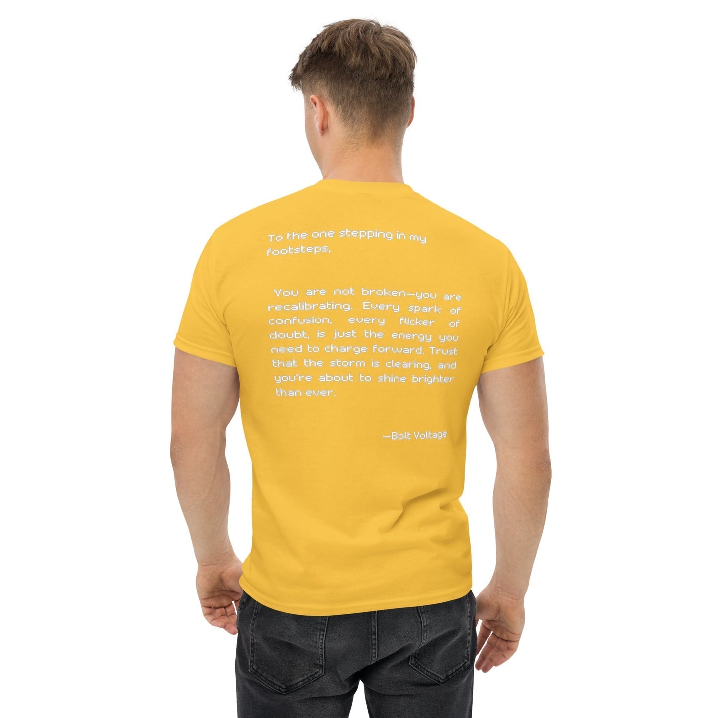 Unisex yellow t-shirt with back print text, premium cotton, Bolt Voltage design, futuristic fashion.