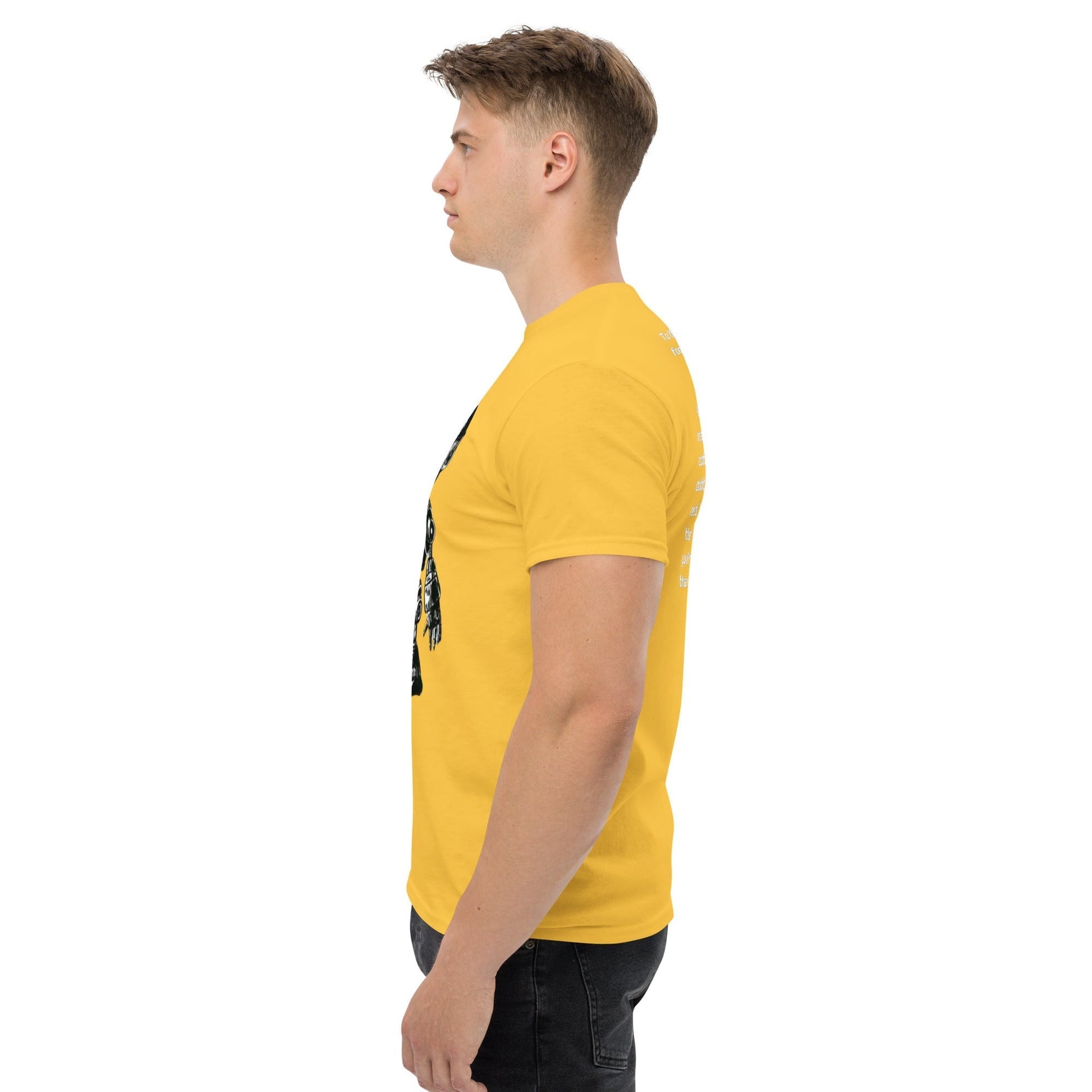 Side view of man wearing yellow Bolt and The Butterfly Blue t-shirt, showing sharp edges and double stitching.