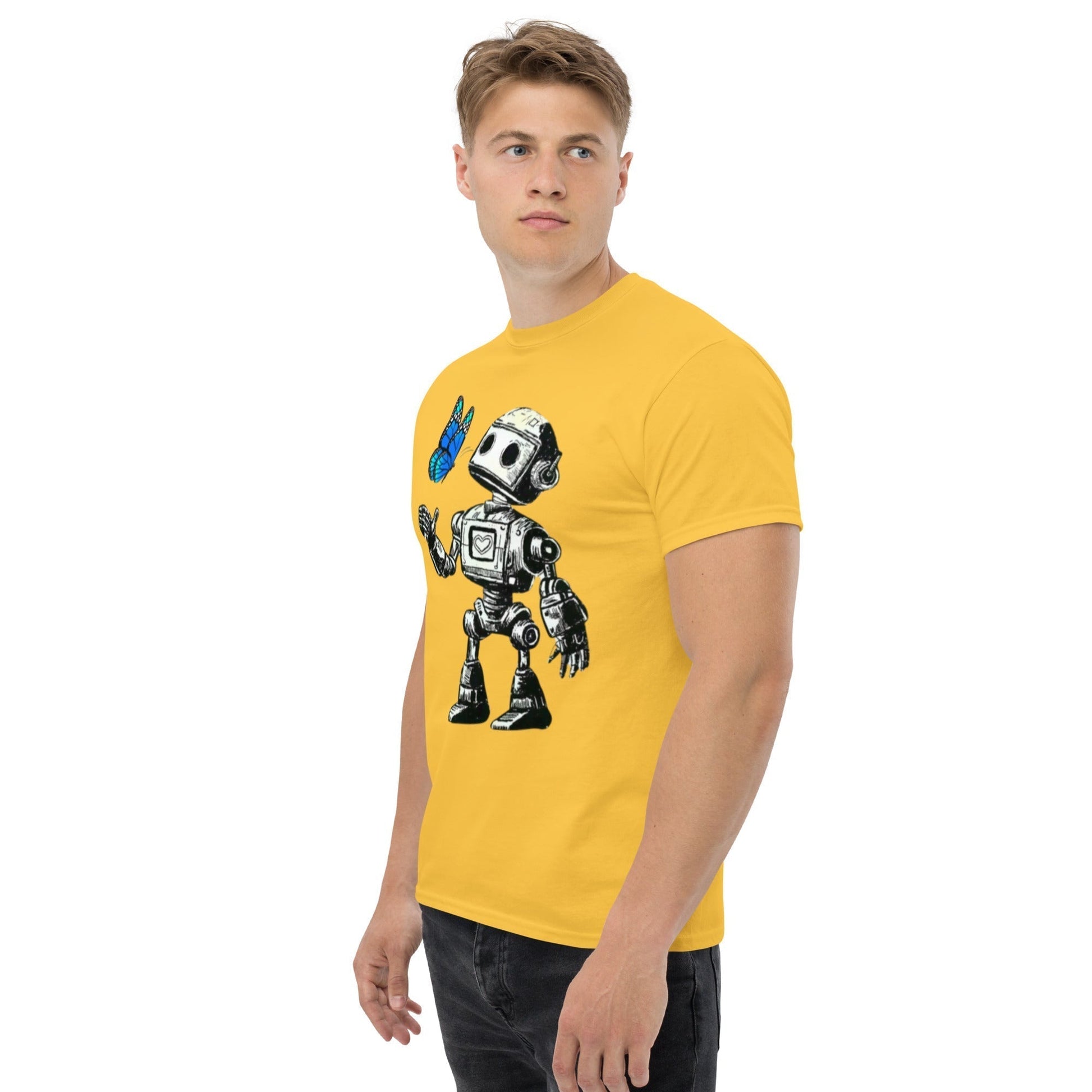 T-shirt with robot design, "Bolt and The Butterfly Blue", featuring futuristic style in yellow, 100% cotton, unisex fit.