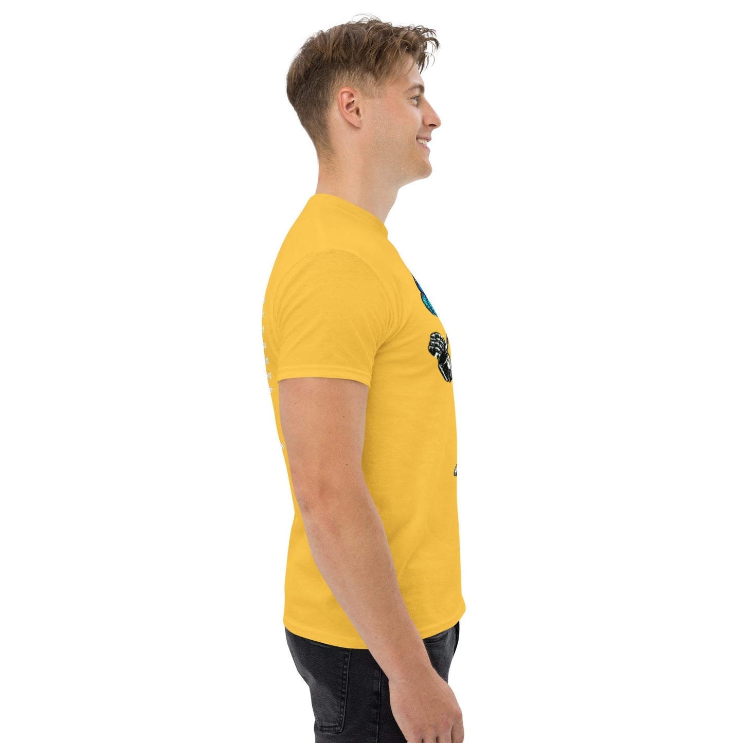T-shirt featuring futuristic design on model, Bolt and The Butterfly Blue, unisex fit, 100% cotton, yellow color.