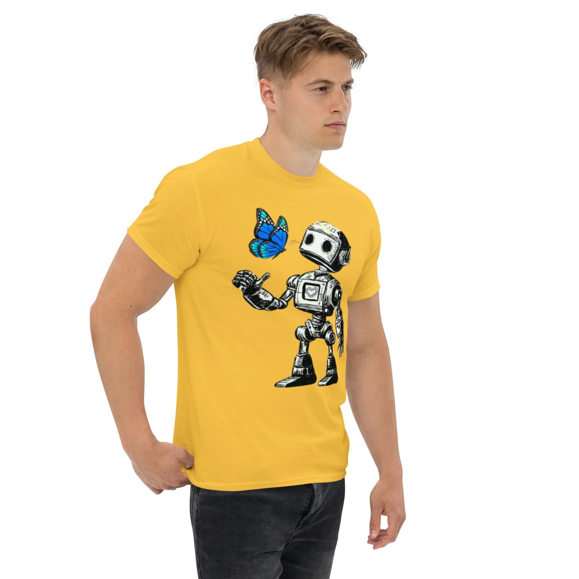 Futuristic t-shirt with robot and butterfly design in yellow, made from premium cotton, unisex fit.