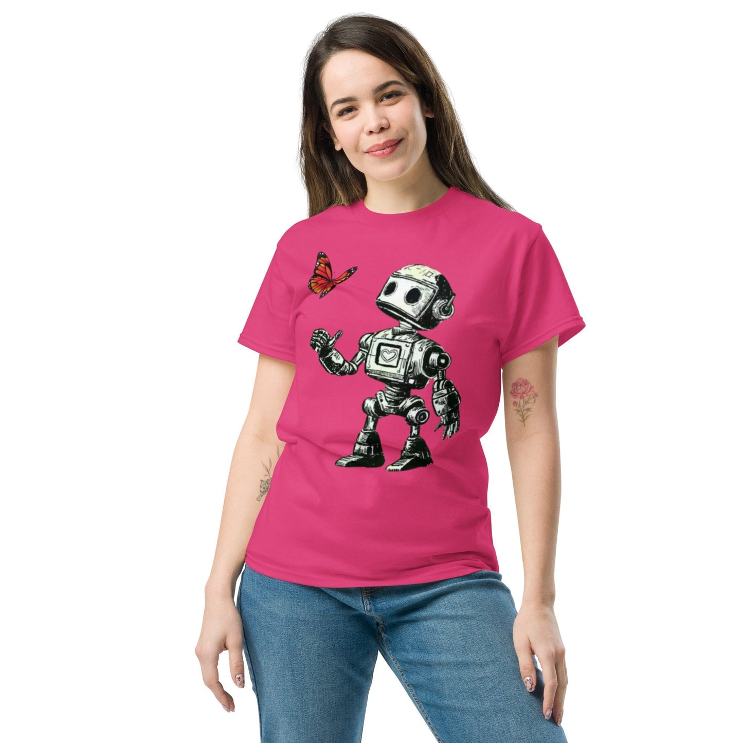 Red t-shirt with sci-fi robot and butterfly design, Bolt Voltage, unisex fit, 100% cotton.