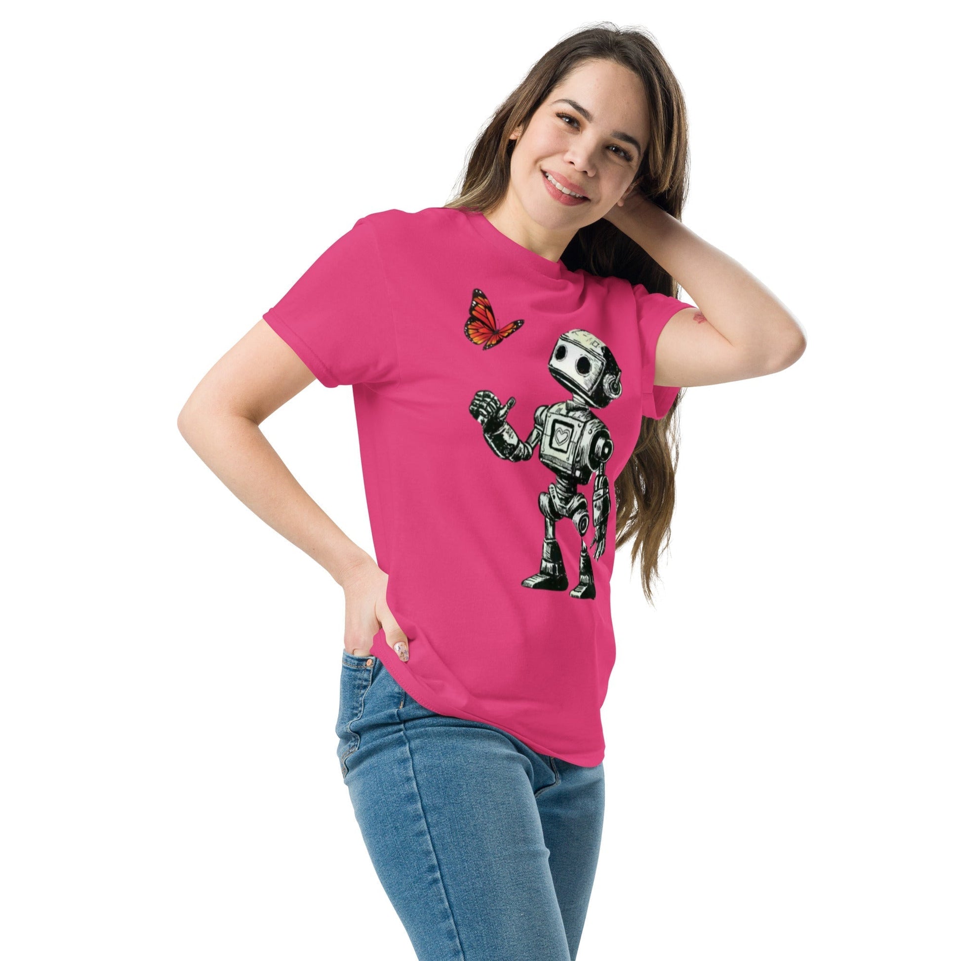 Red Bolt and the Butterfly t-shirt featuring sci-fi robot and butterfly design, worn by a smiling person.