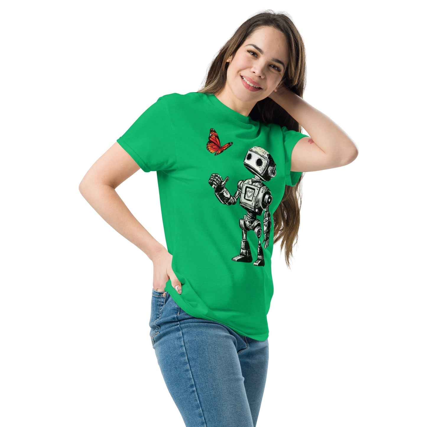 Red t-shirt with robot and butterfly design, sci-fi inspired apparel, 100% cotton.