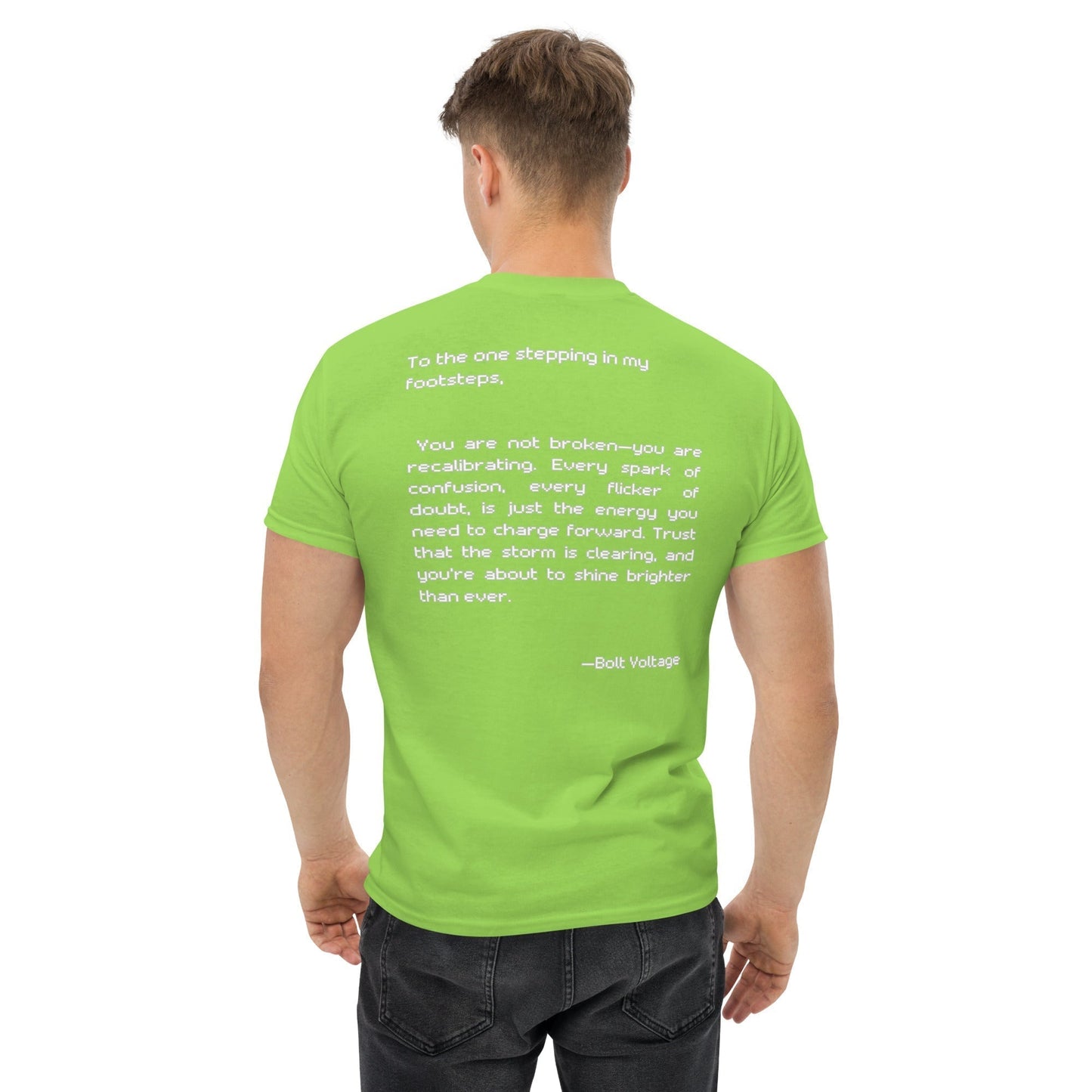 Futuristic blue t-shirt, Bolt and The Butterfly design, 100% cotton fabric, unisex fit, sustainable fashion.