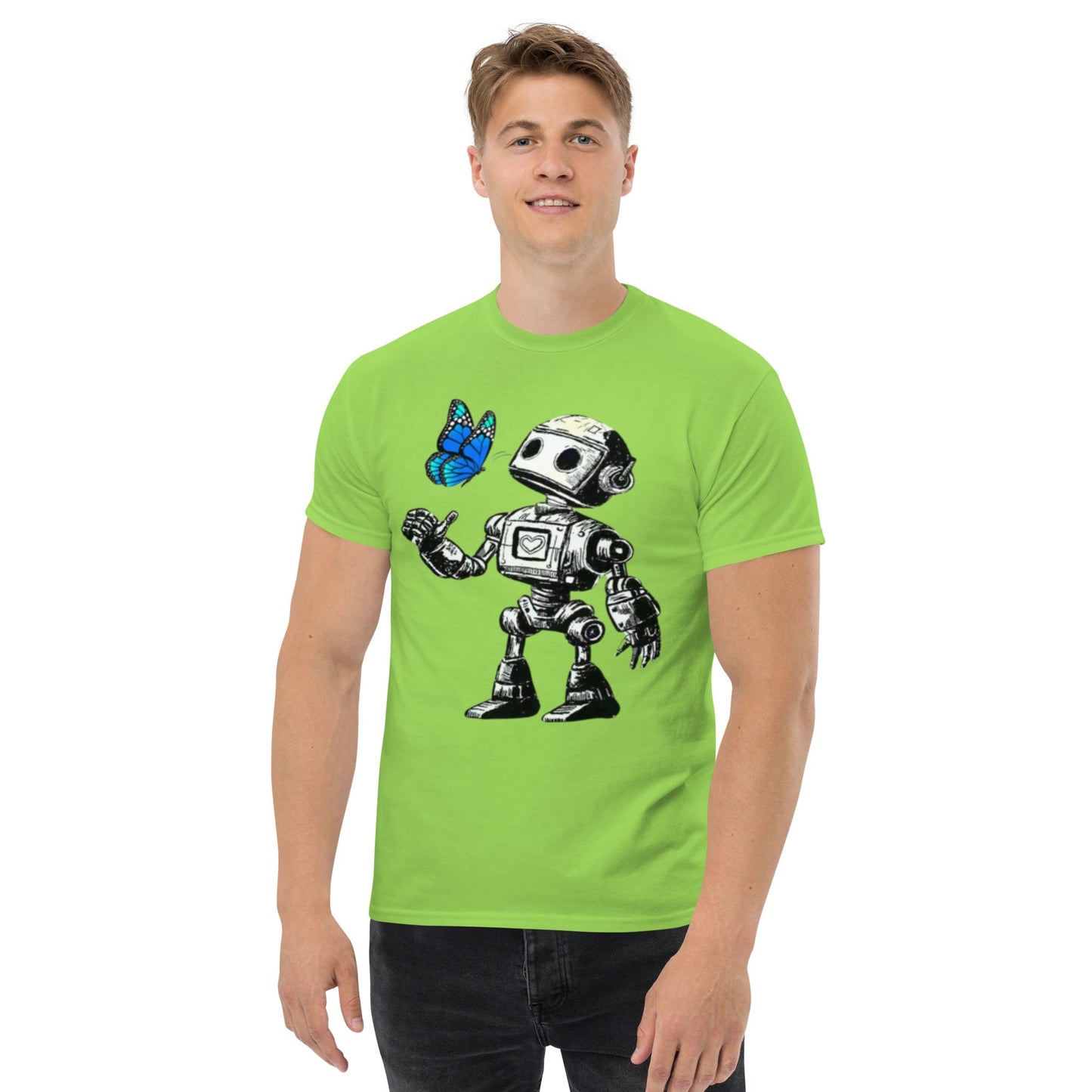 Futuristic Bolt and The Butterfly Blue T-shirt featuring robot design, ideal for sci-fi fans.
