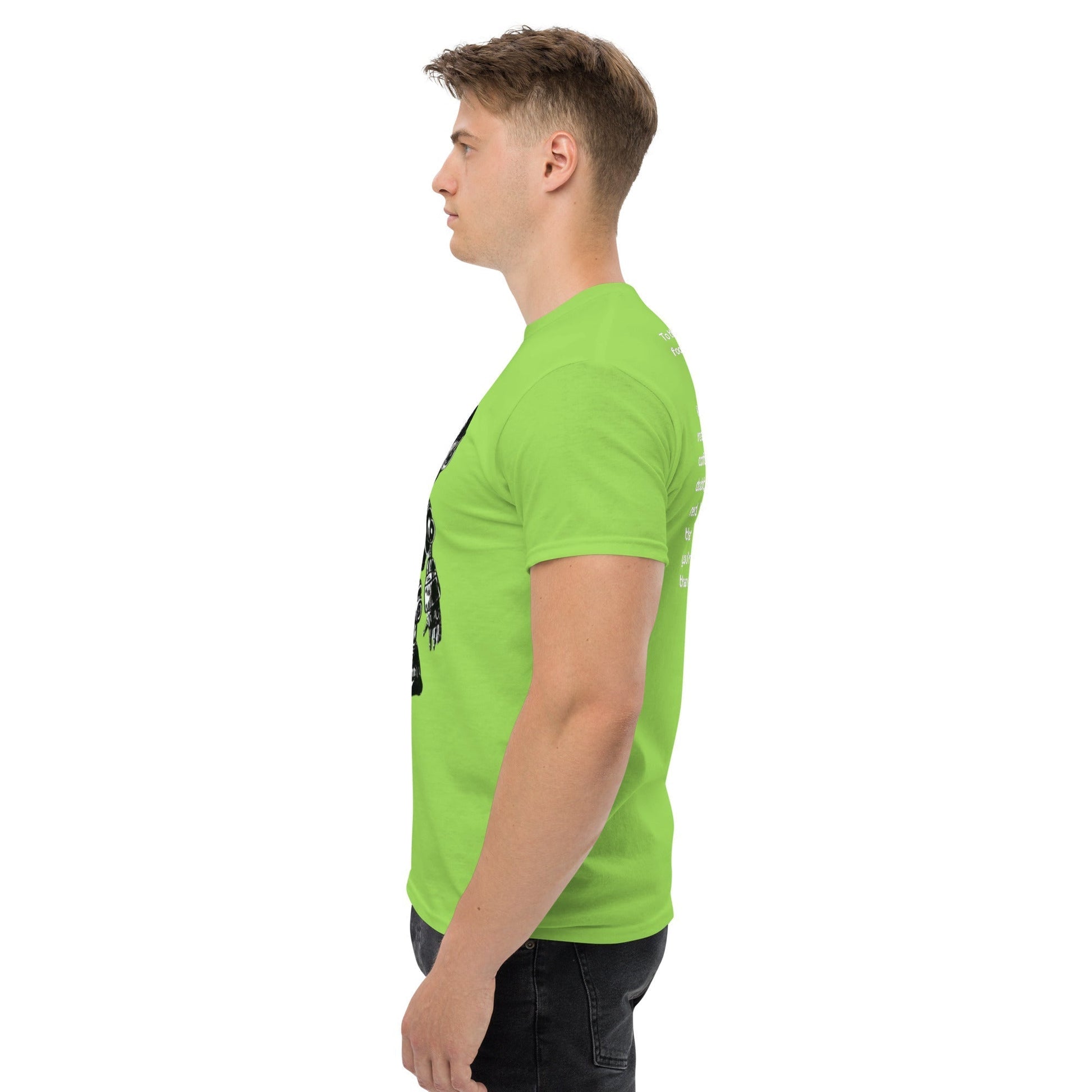 Side view of model wearing Bolt and The Butterfly Blue t-shirt, showcasing premium cotton fabric and classic unisex fit.