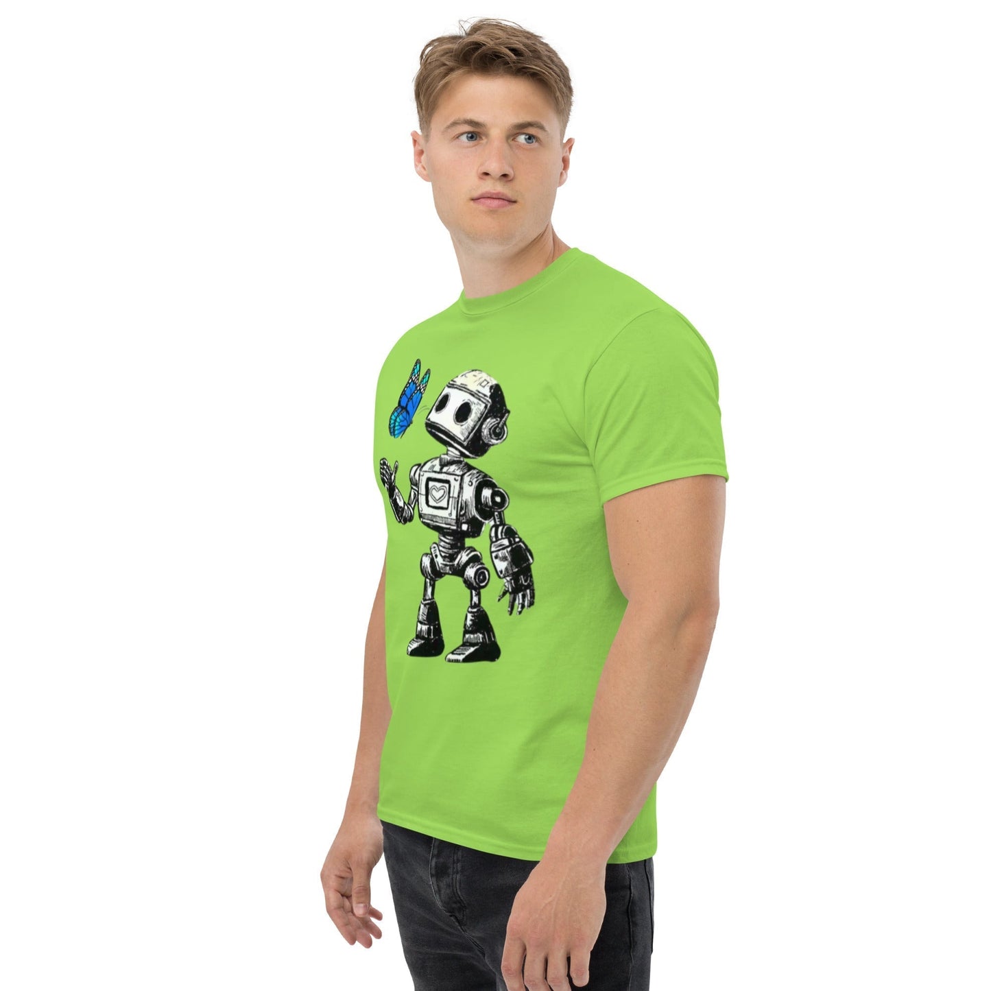 Futuristic green t-shirt featuring robot illustration, premium cotton fabric, unisex fit.