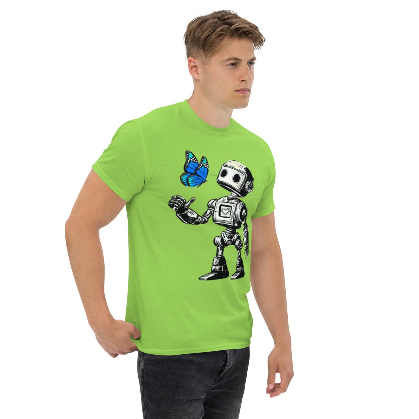 Futuristic unisex t-shirt with robot and butterfly design, 100% cotton, offers comfort and sustainability for sci-fi enthusiasts.