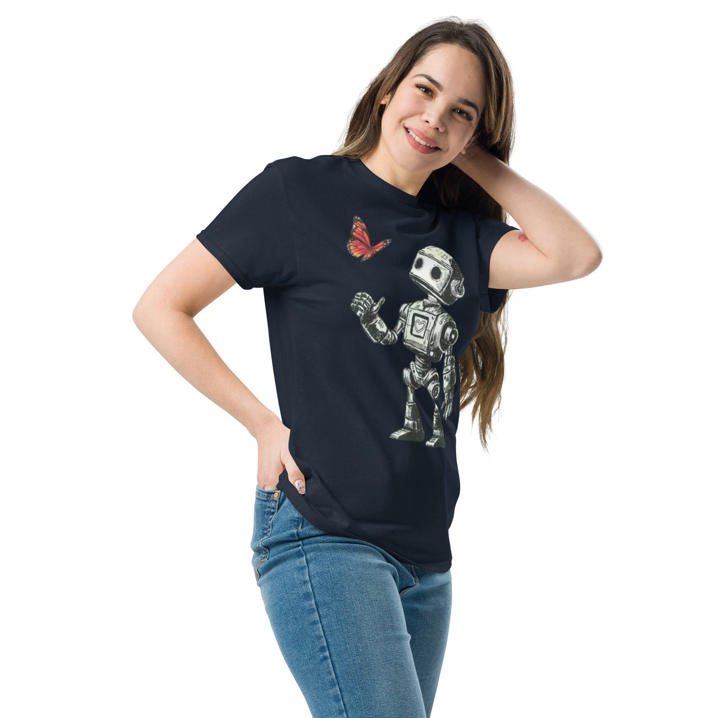 Red t-shirt featuring sci-fi inspired design with robot and butterfly, made from premium cotton.