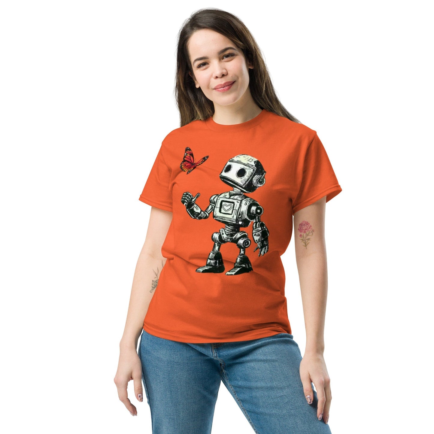 Red sci-fi t-shirt with robot and butterfly design.