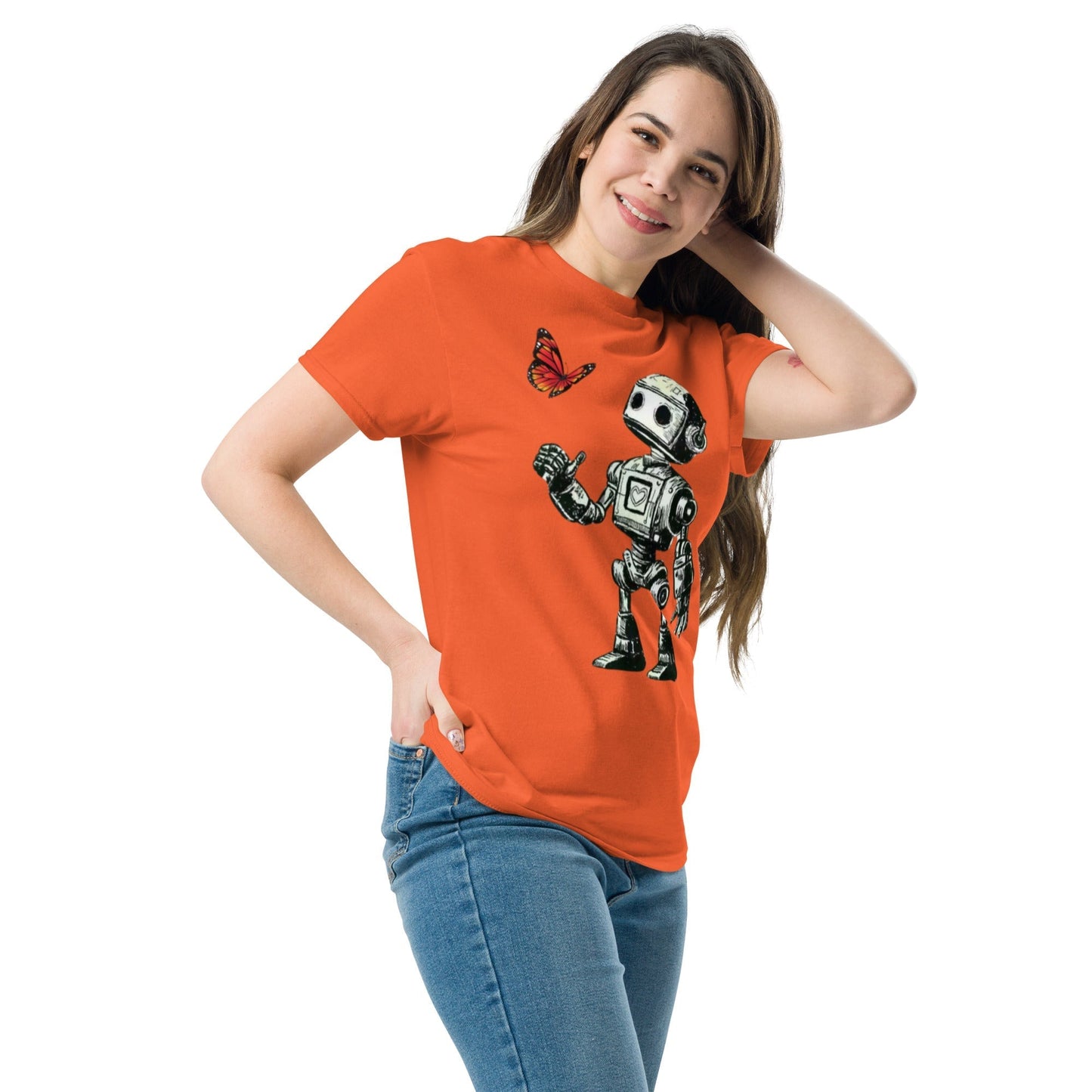 Red t-shirt featuring sci-fi robot and butterfly design for unique fashion style.