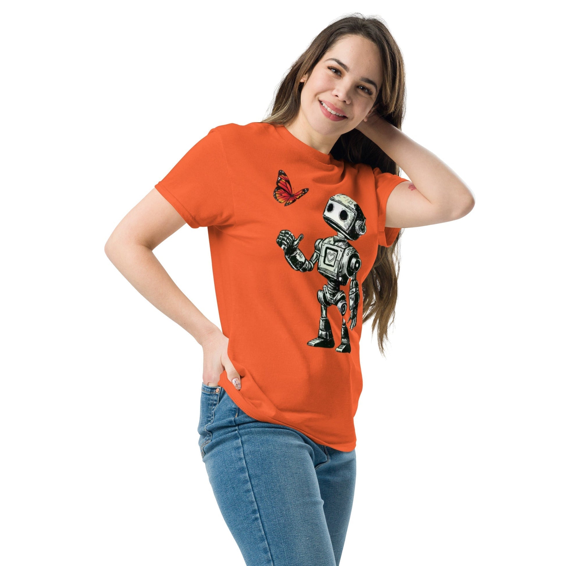 Red t-shirt featuring sci-fi robot and butterfly design for unique fashion style.