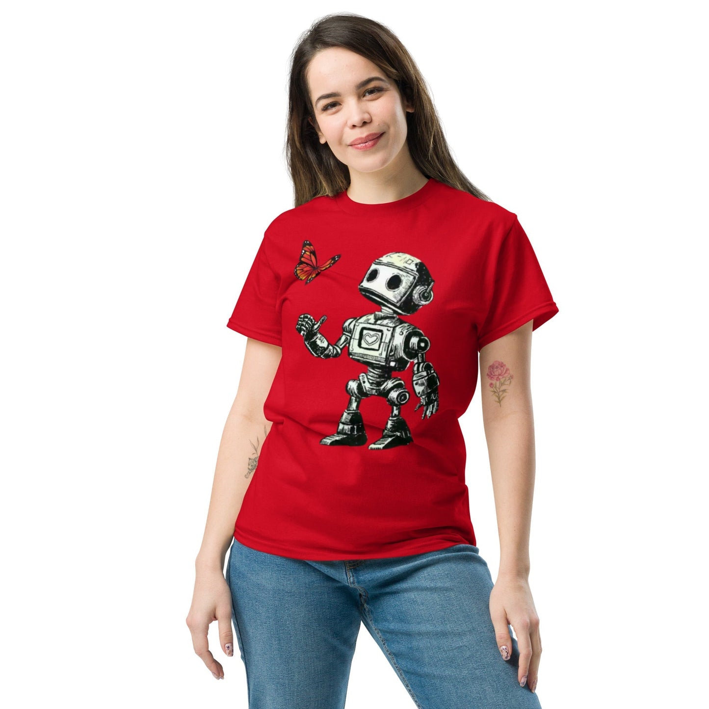 Red 'Bolt and the butterfly' t-shirt by Bolt Voltage, featuring a sci-fi inspired design.