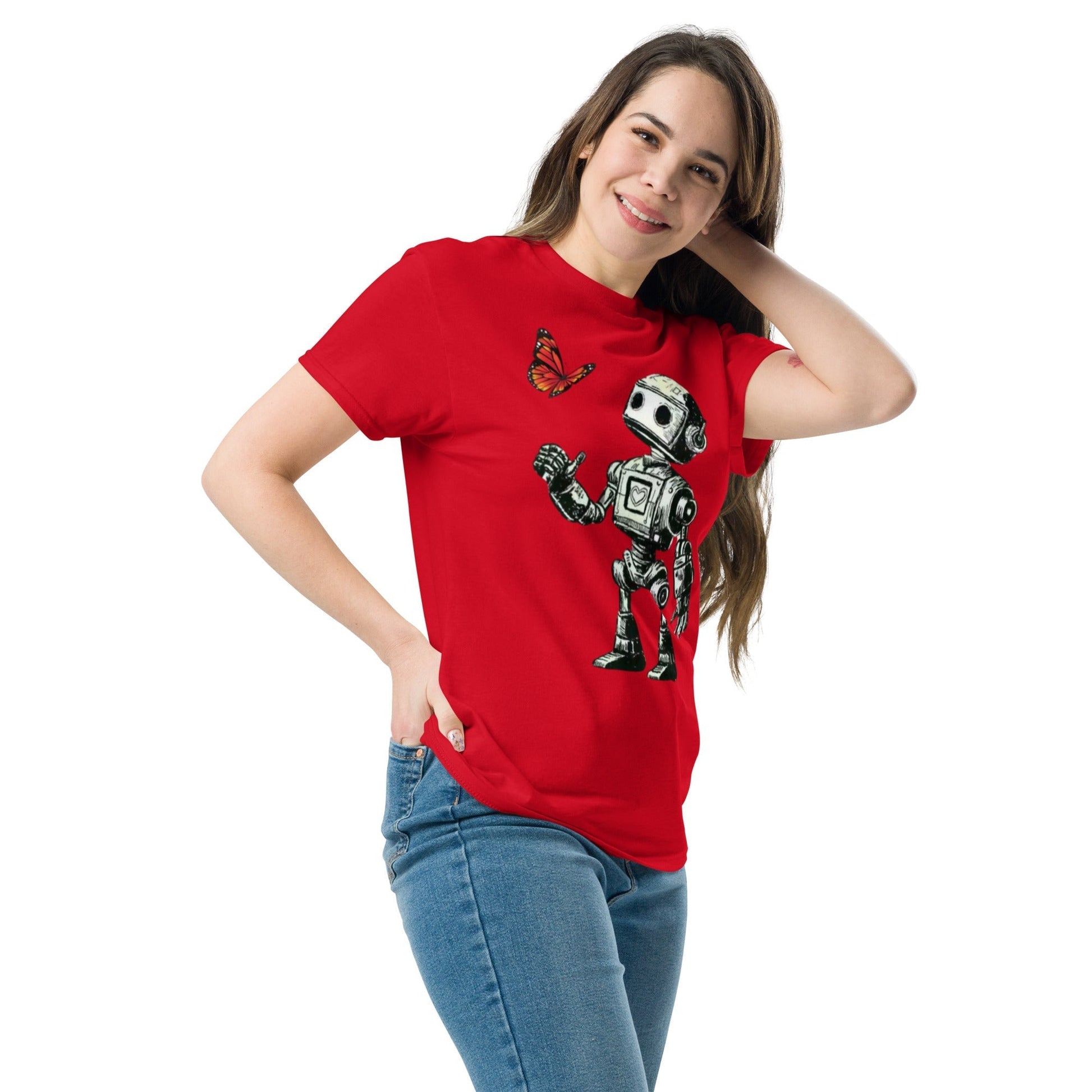 Red t-shirt with sci-fi robot and butterfly design from Bolt Voltage.