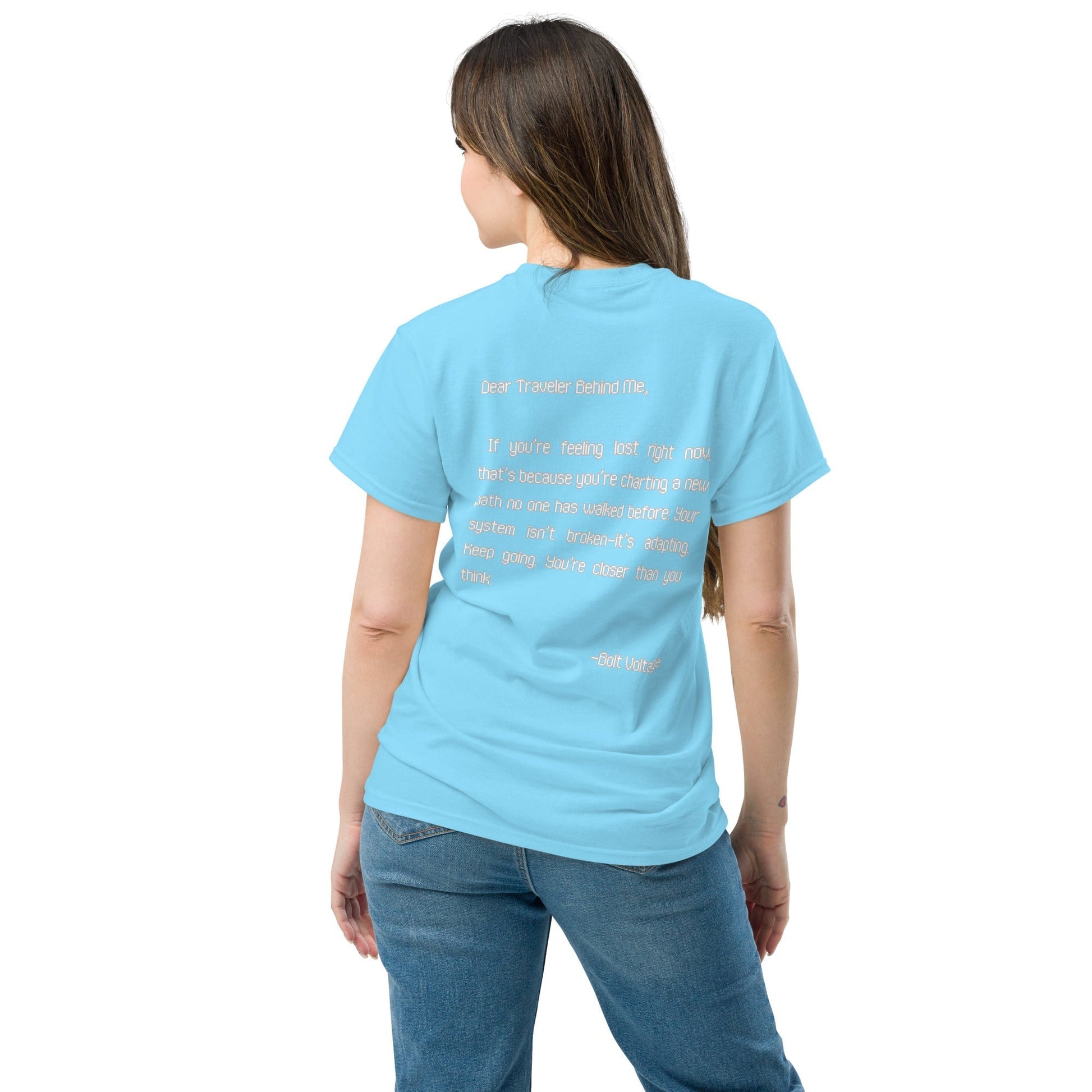 Unisex blue t-shirt with text on back, stylish sci-fi inspired design.