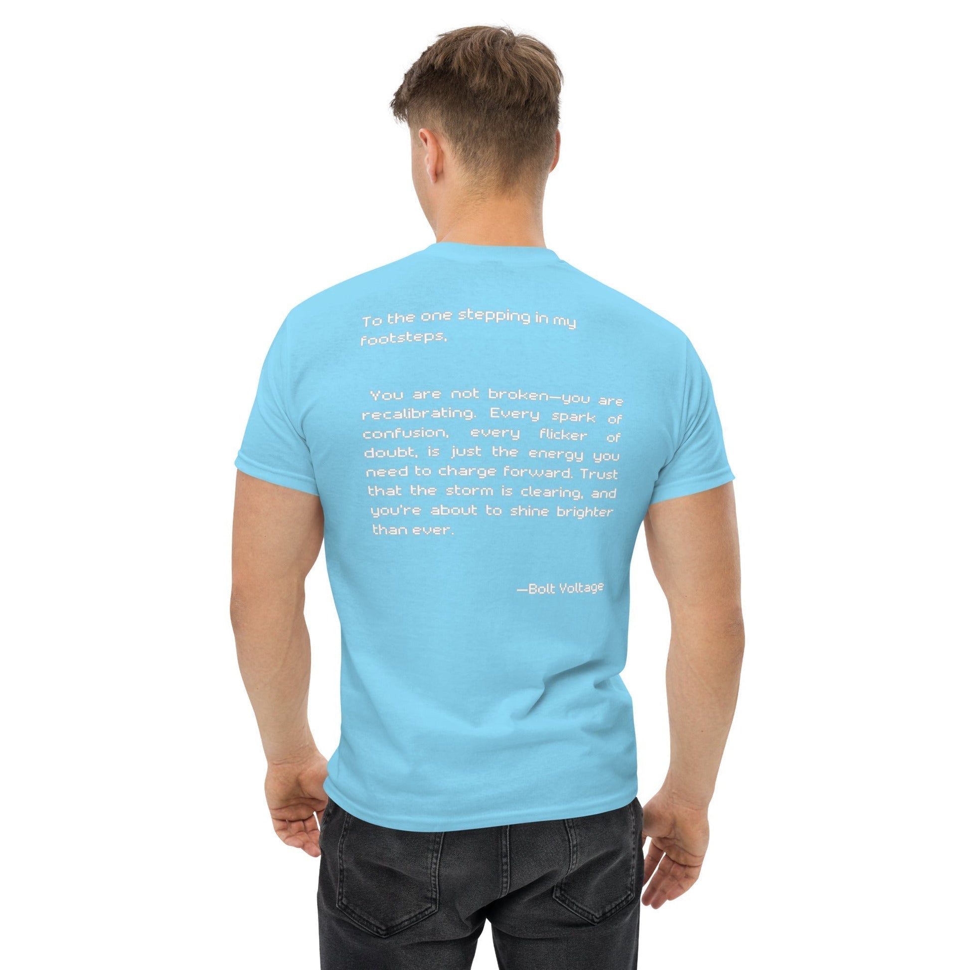 T-shirt Bolt and The Butterfly Blue with motivational text design, futuristic fashion.