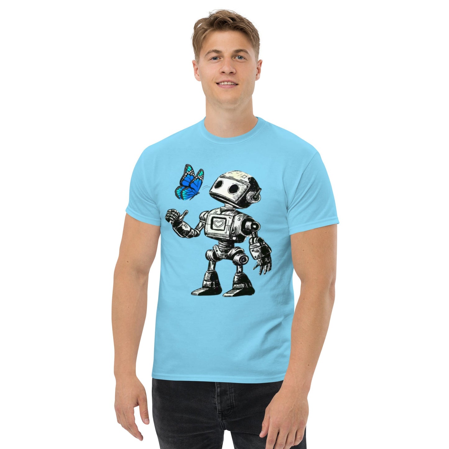 T-shirt featuring futuristic robot and butterfly design in blue, made from premium cotton, unisex fit, Bolt and The Butterfly collection.