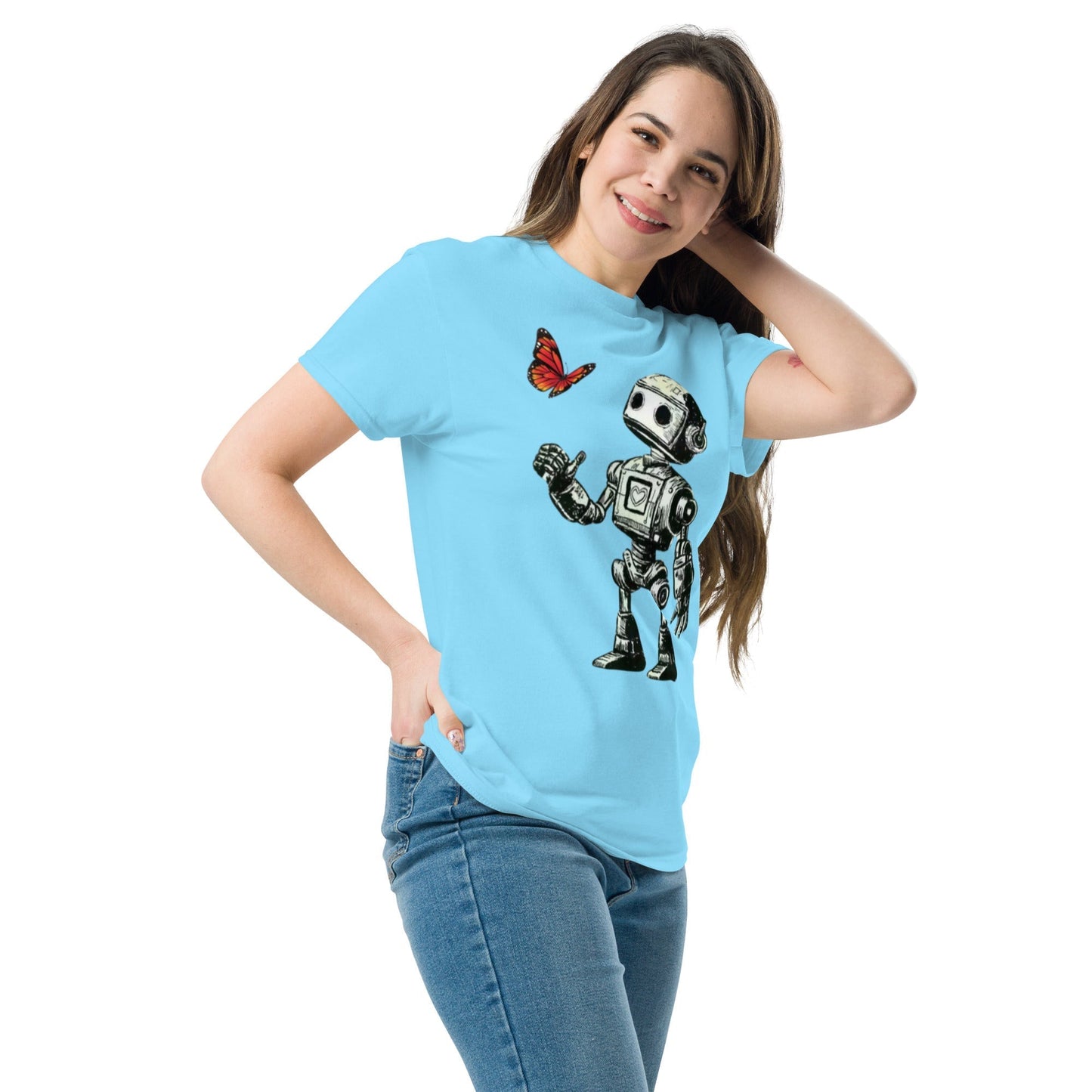 sci-fi inspired blue t-shirt with robot and butterfly design