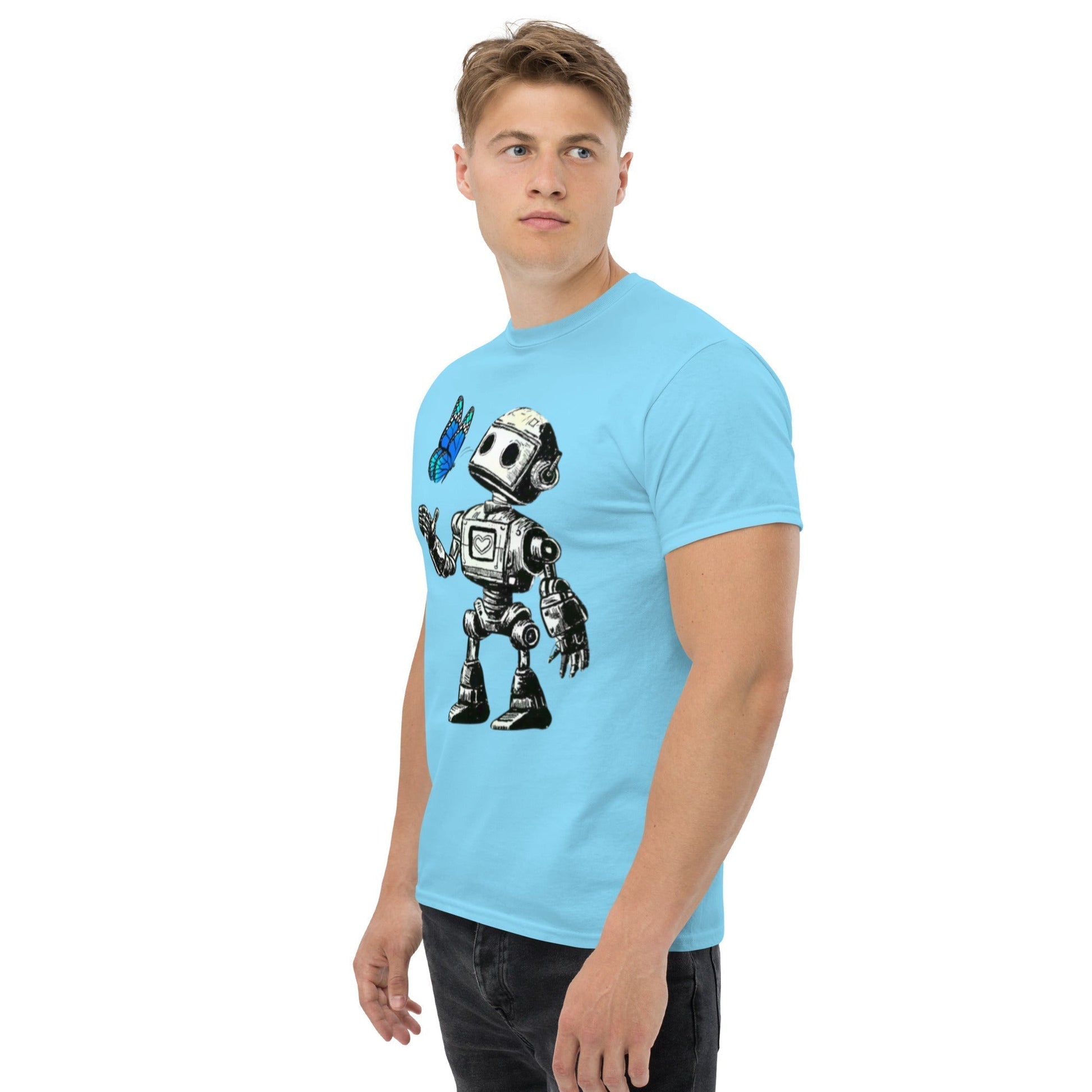 Futuristic blue t-shirt featuring Bolt and The Butterfly design, unisex fit.