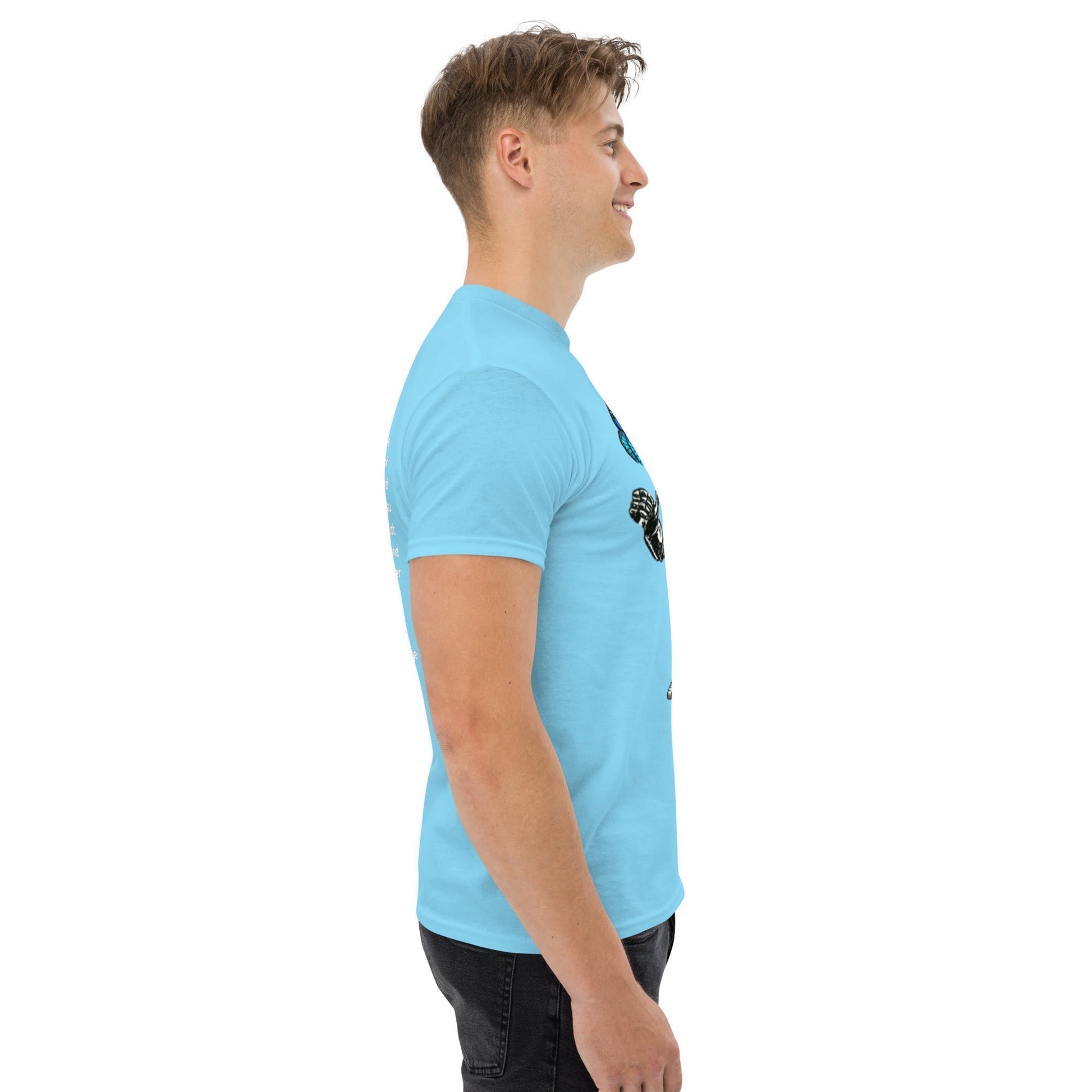 Blue futuristic fashion t-shirt, side view, worn by a model; made of premium cotton, unisex fit.