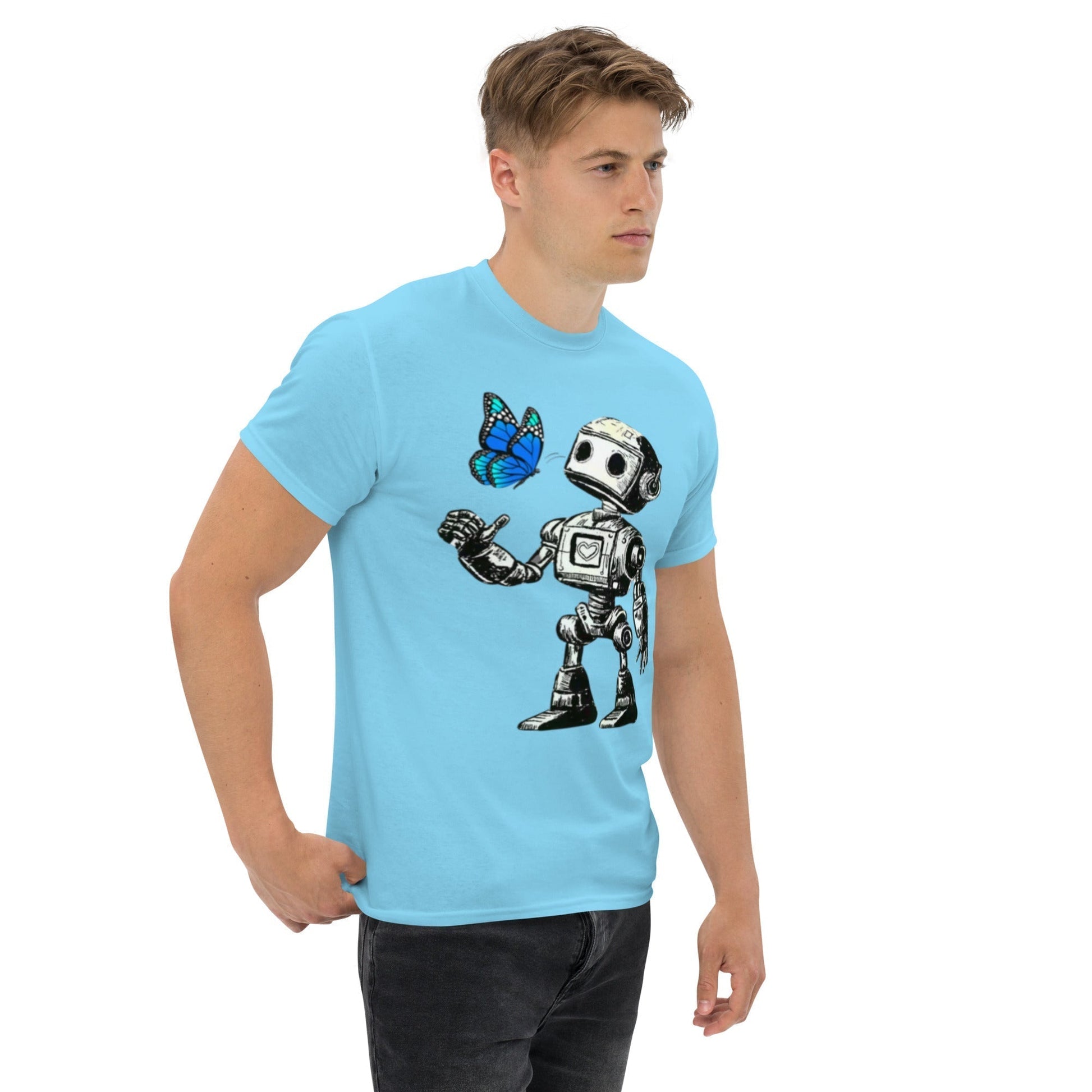 T-shirt Bolt and The Butterfly Blue with futuristic design featuring robot and butterfly illustration.