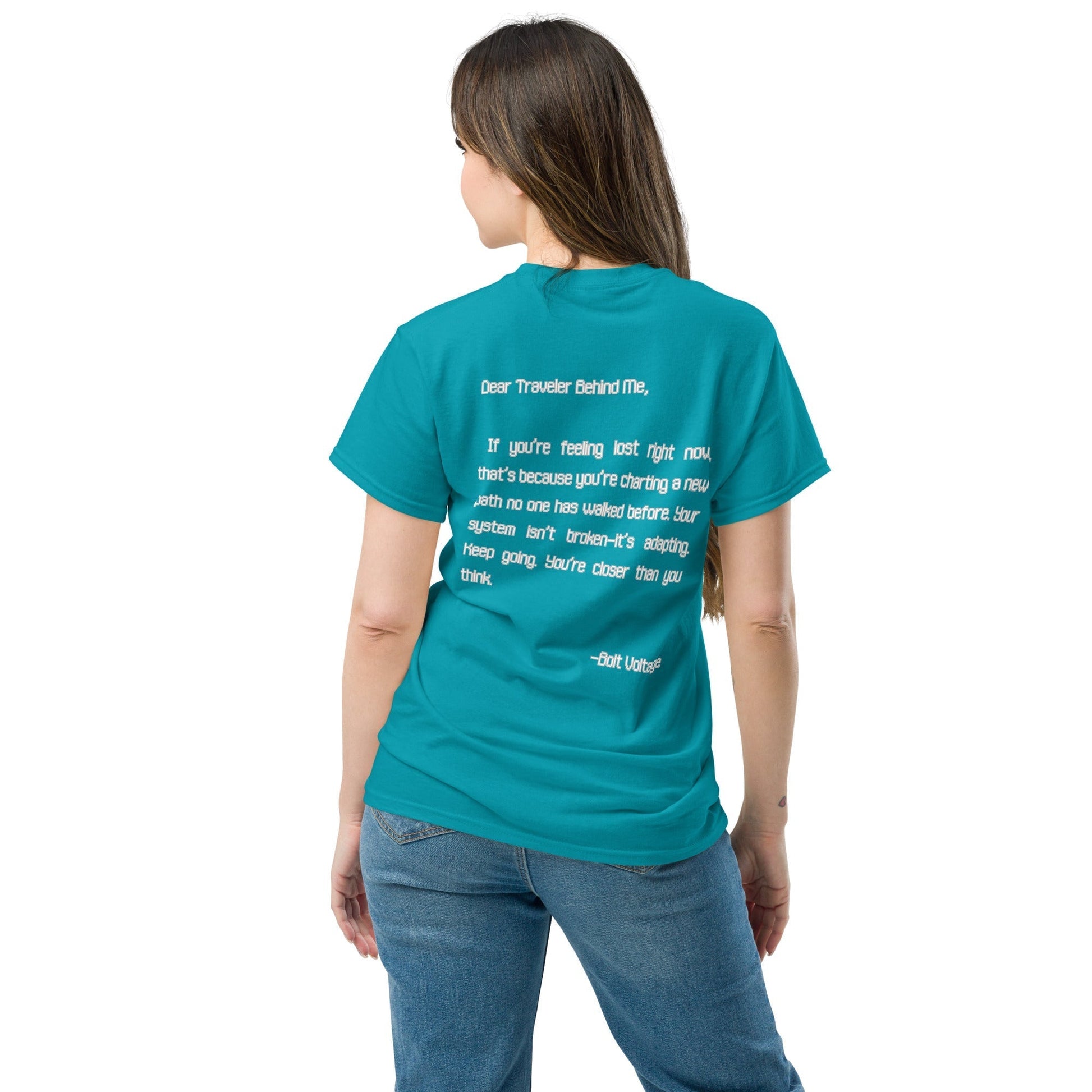 Unisex sci-fi inspired t-shirt in red, 100% cotton, featuring detailed back print.