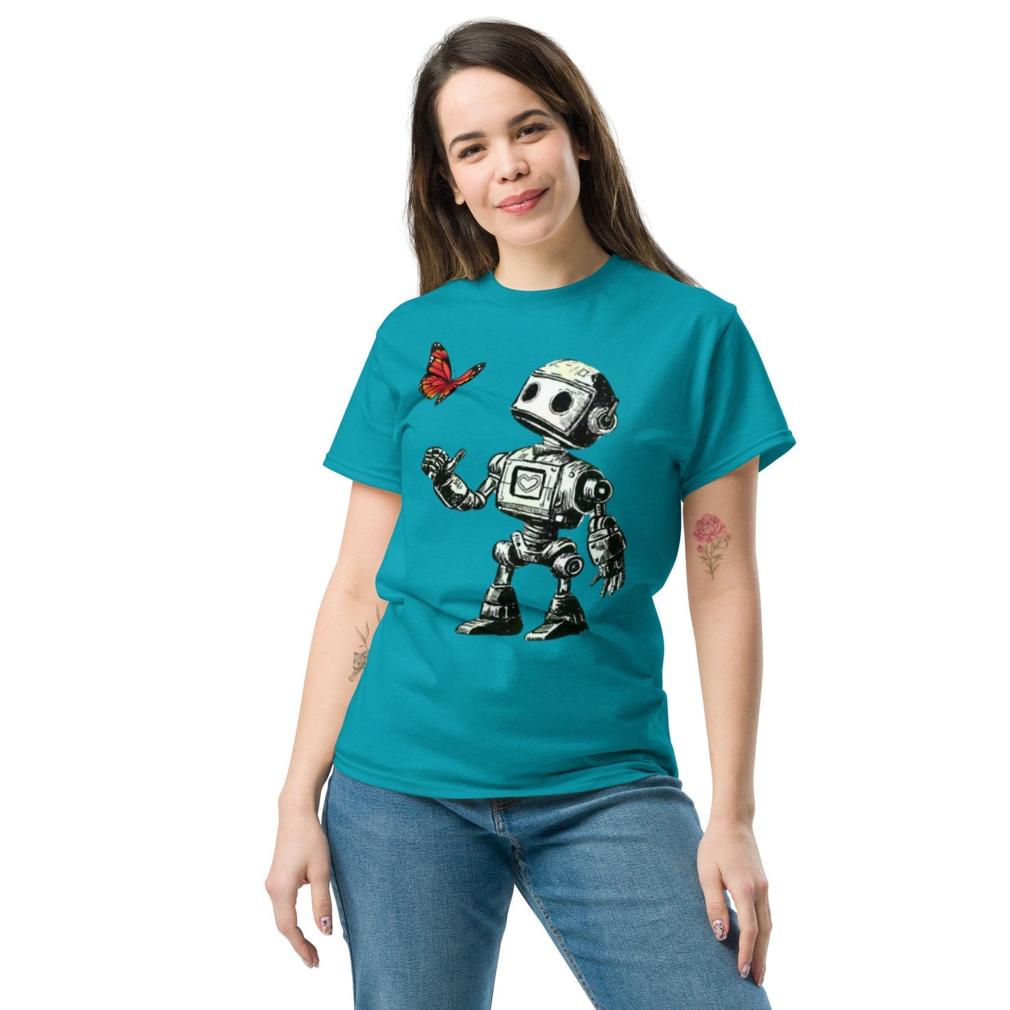 Stylish sci-fi inspired red t-shirt featuring a robot and butterfly design, made from premium cotton fabric.
