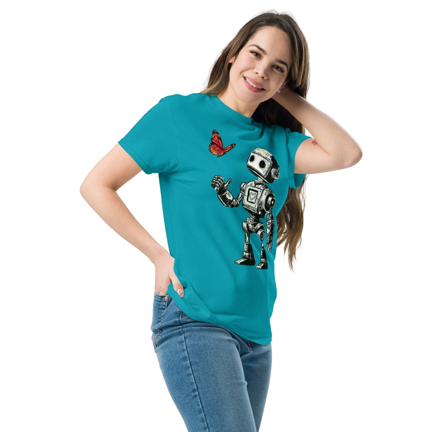 Unisex t-shirt with robot and butterfly design, sci-fi inspired apparel.